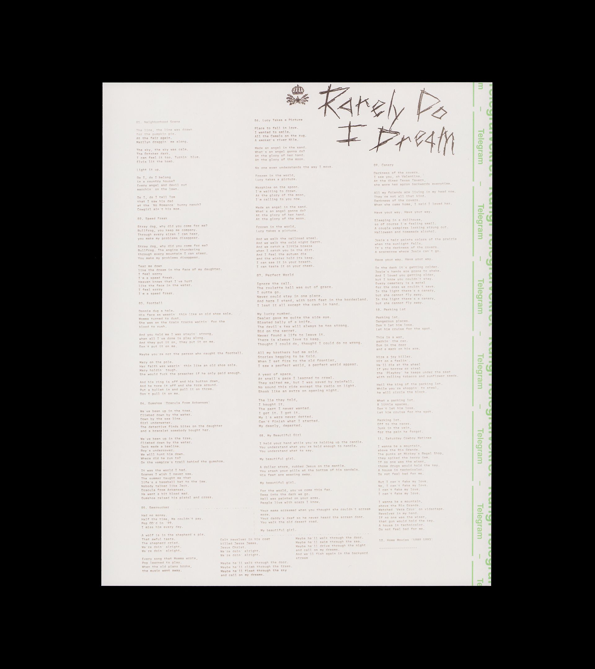 Youth Lagoon RDID lyric insert front: 'Rarely Do I Dream' handwritten title on telegram sheet with full lyrics
