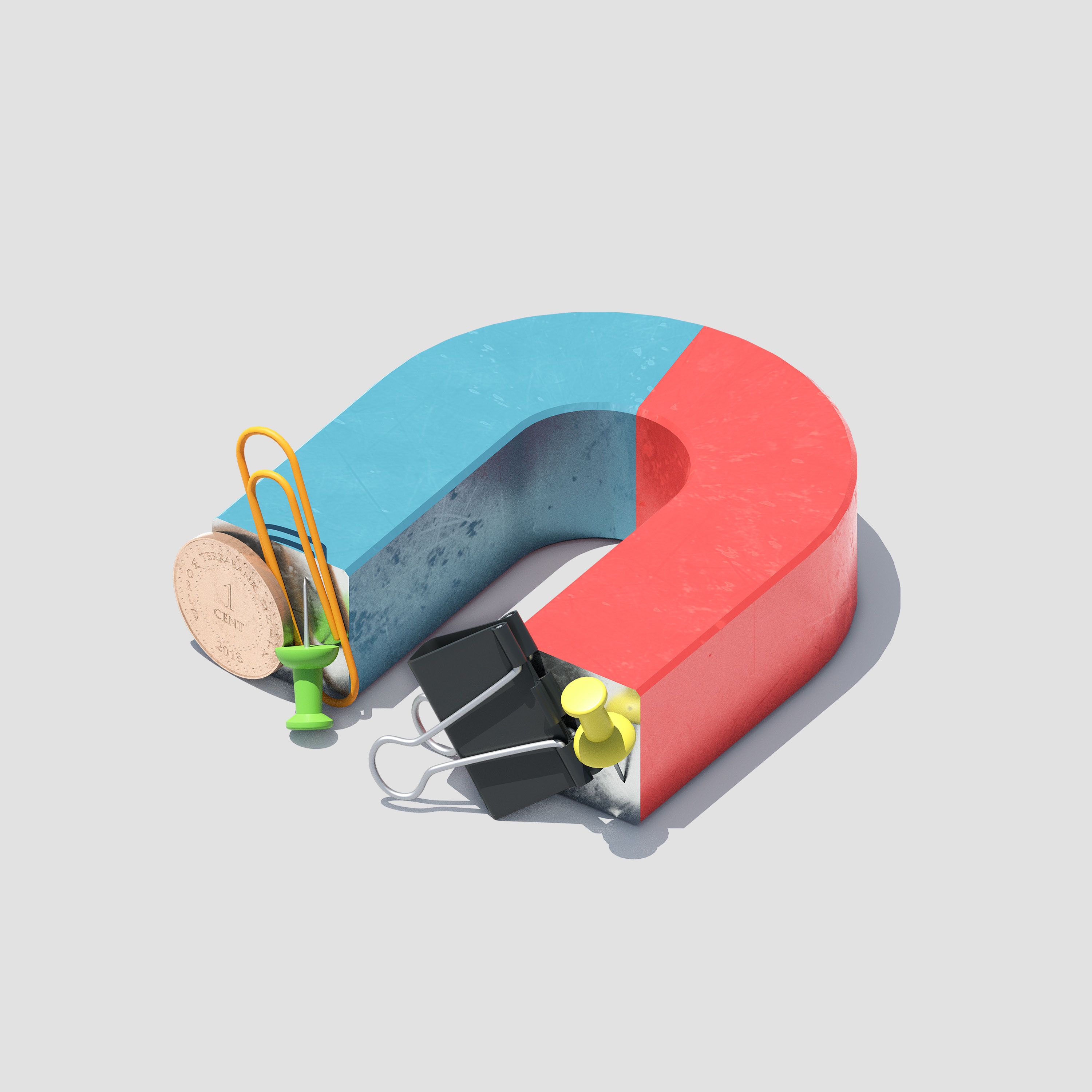 3D rendered horseshoe magnet attracting paper clips, pushpins, and a coin