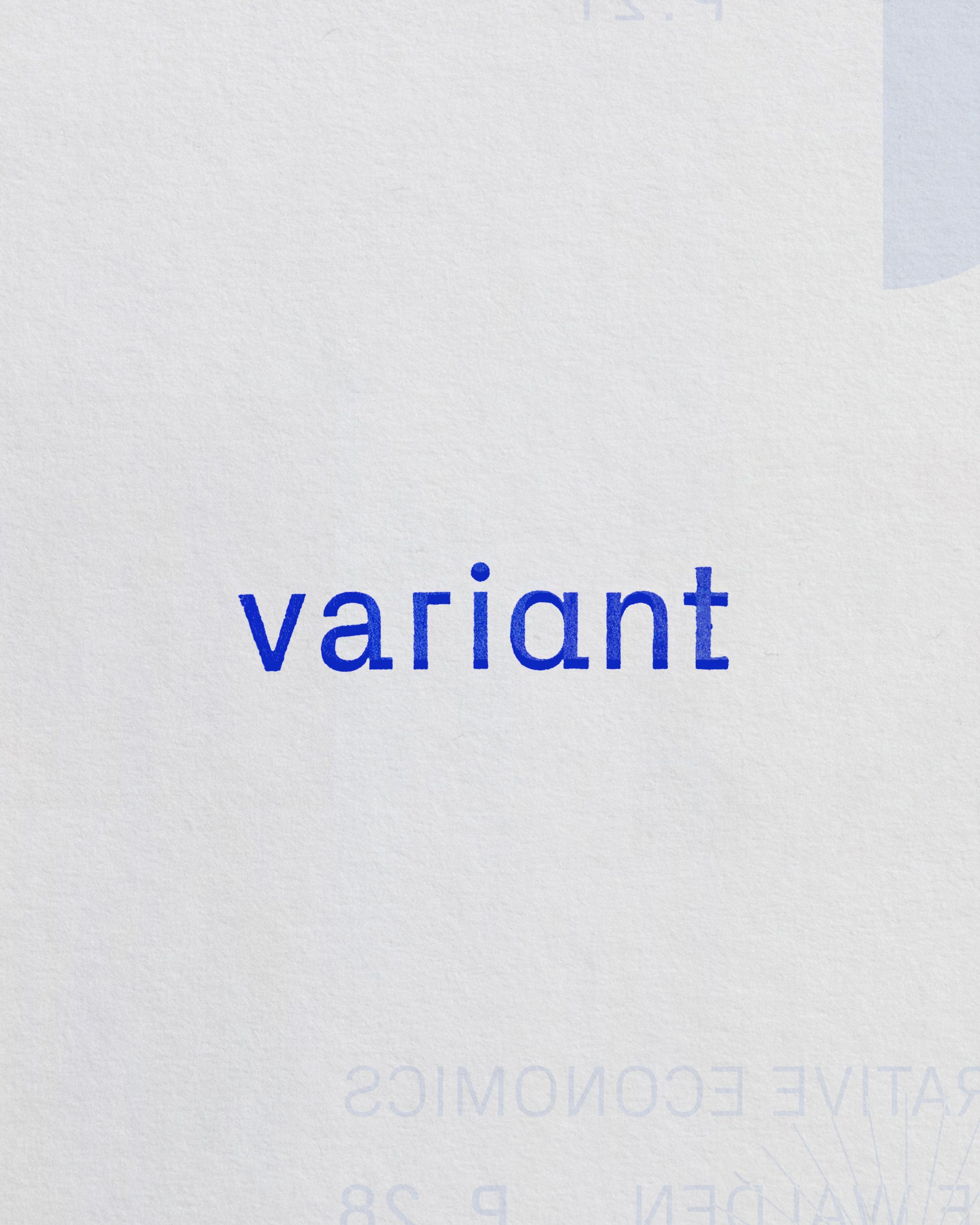 Variant wordmark in blue on textured white paper; system graphics visible through reverse side of stock
