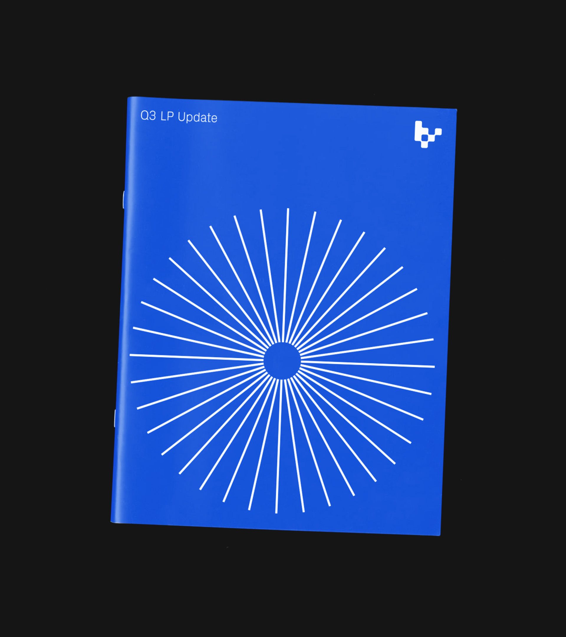 Variant 'Q3 LP Update' report: blue cover with white starburst glyph, Variant 'V' symbol at right