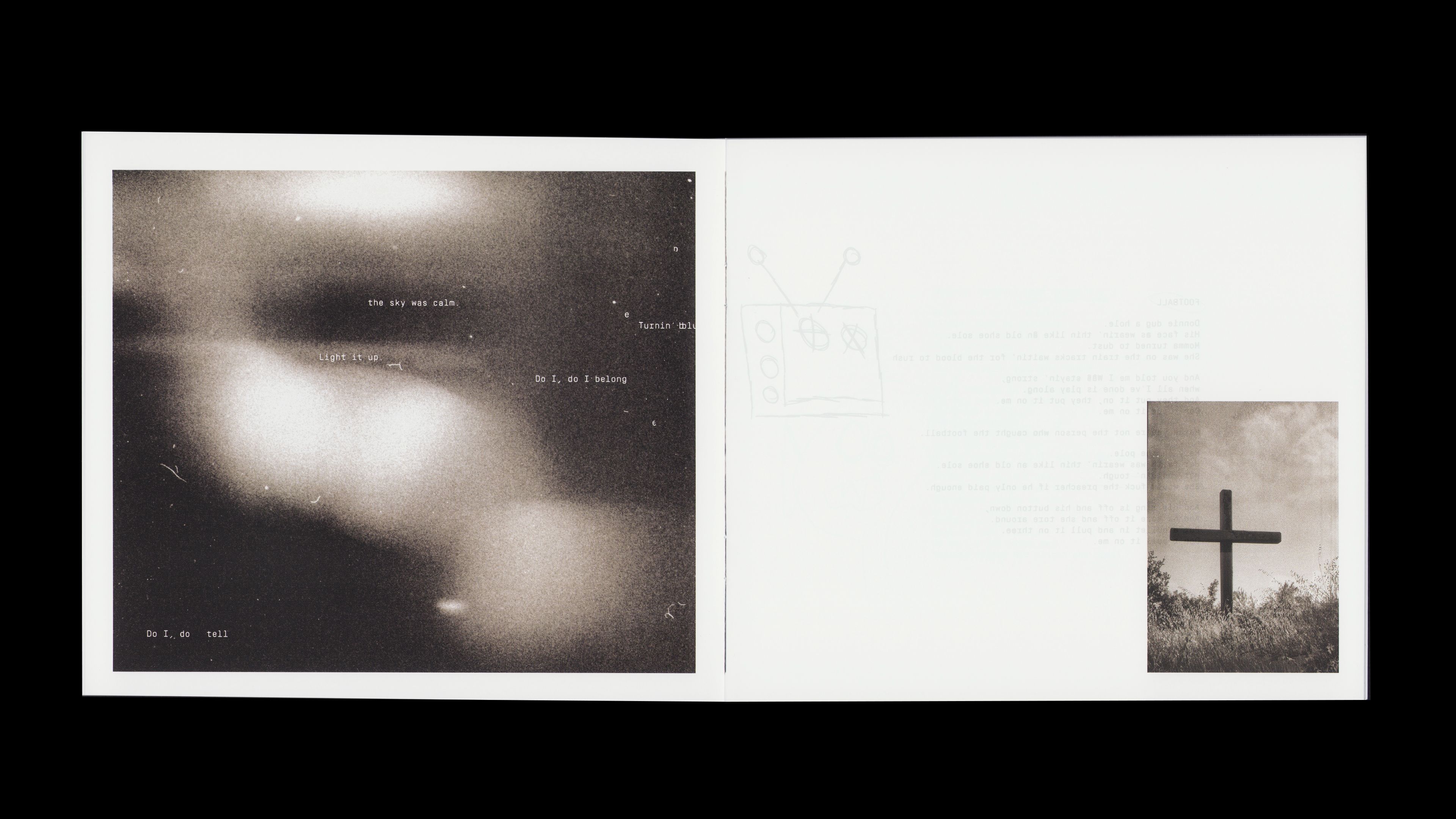 Youth Lagoon RDID booklet: full-bleed B&W light orbs left; rural cross photo, with ghosted lyrics right