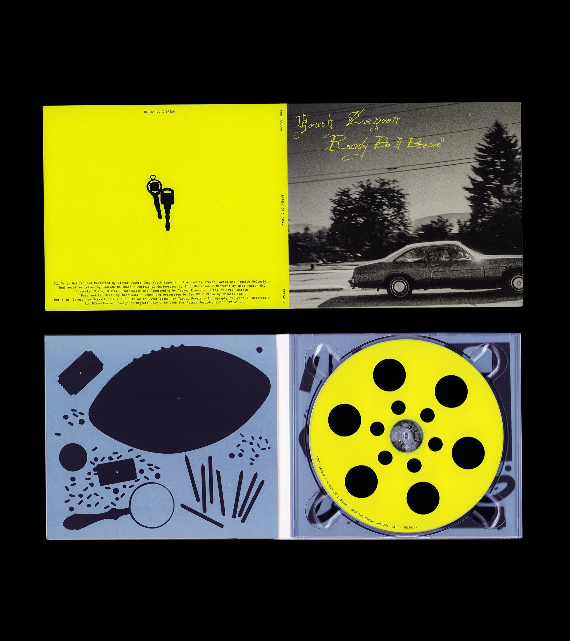 'Rarely Do I Dream' CD Digipak: yellow-green back cover above, gatefold inlay with yellow filmreel disc below