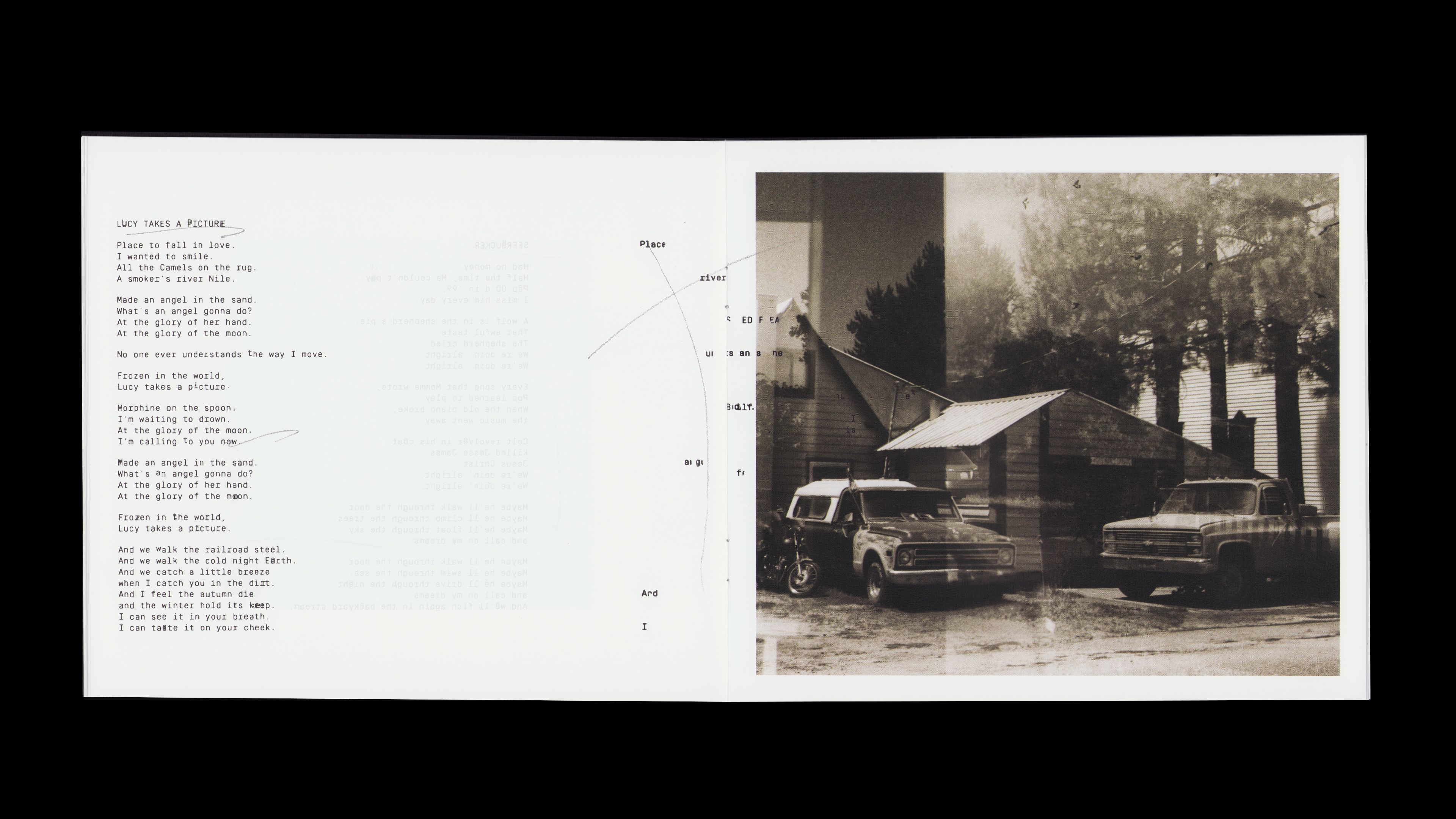 Youth Lagoon RDID booklet: 'Lucy Takes a Picture' lyrics left, B&W truck driveway photo with route diagram right