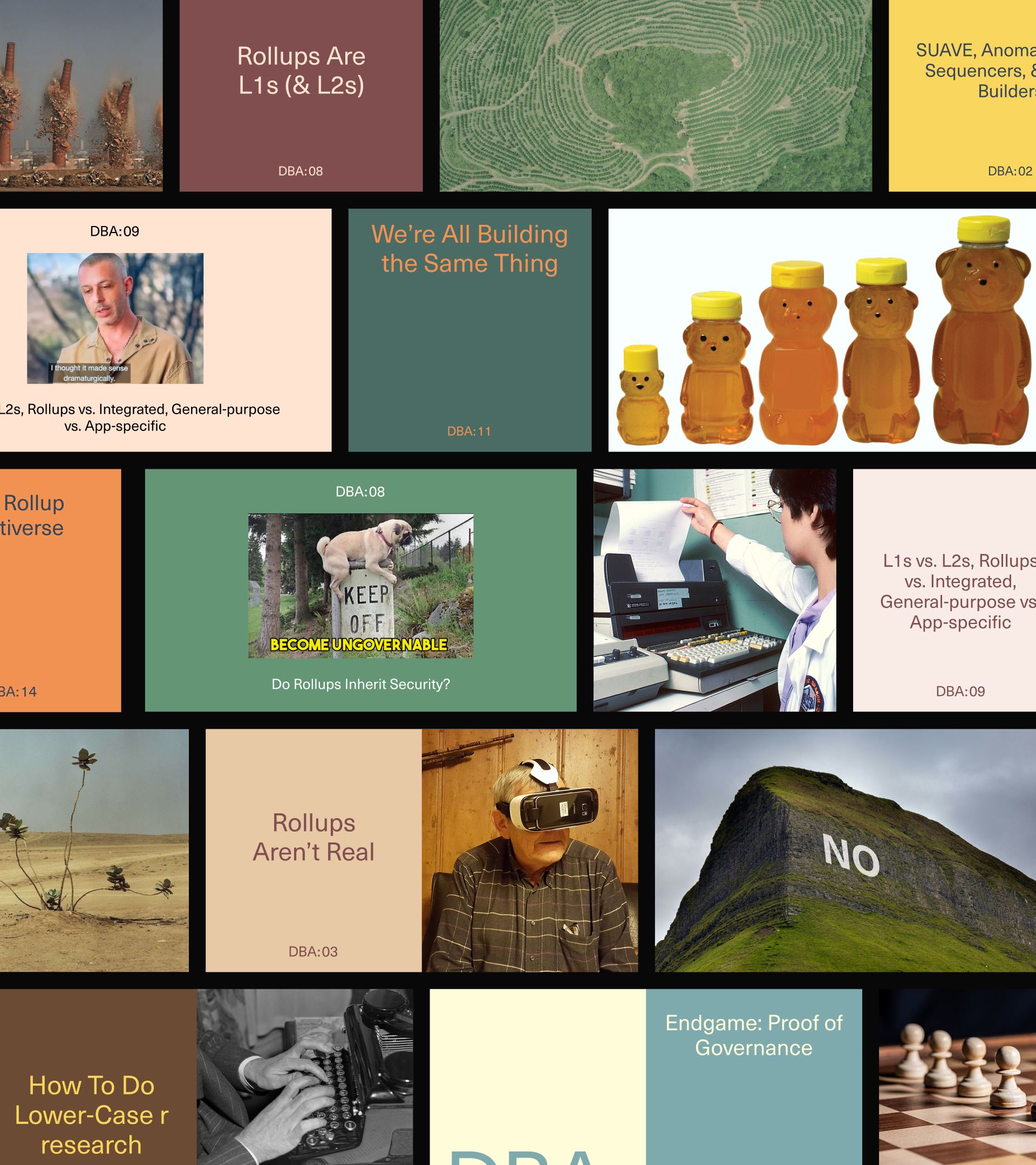 DBA editorial content grid: varied episode cards mixing meme images, typography, and photography across a tiled mosaic layout
