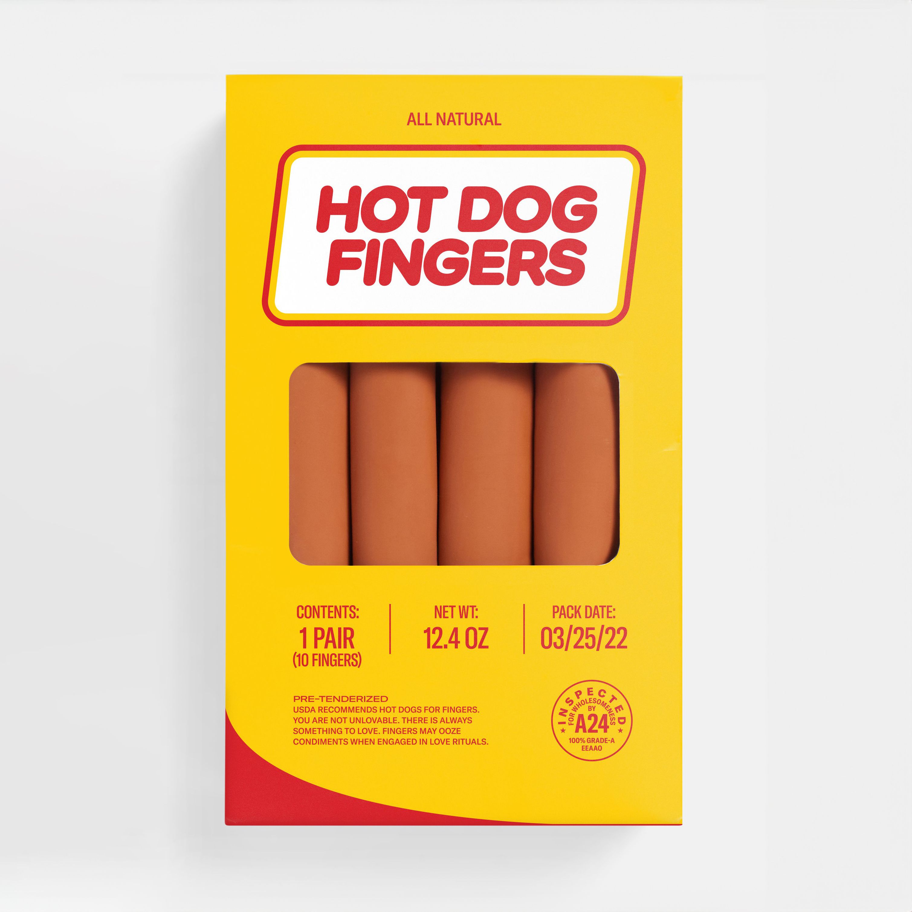 A24 EEAAO Hot Dog Fingers packaging front; yellow and red Oscar Mayer-riff box with "Inspected by A24" stamp