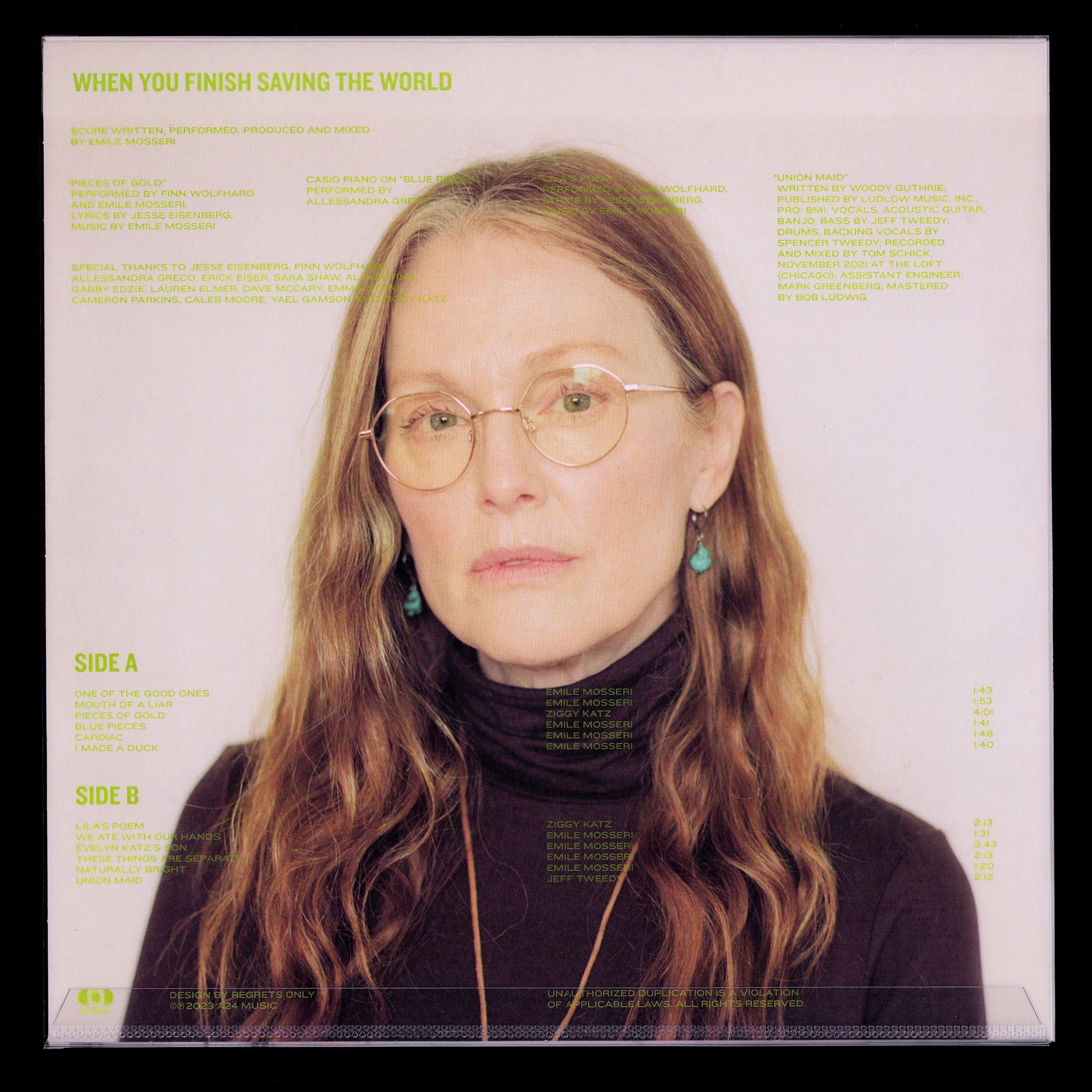 WYFSTW OST LP back: lime green type over Julianne Moore portrait, Side A/B tracklist