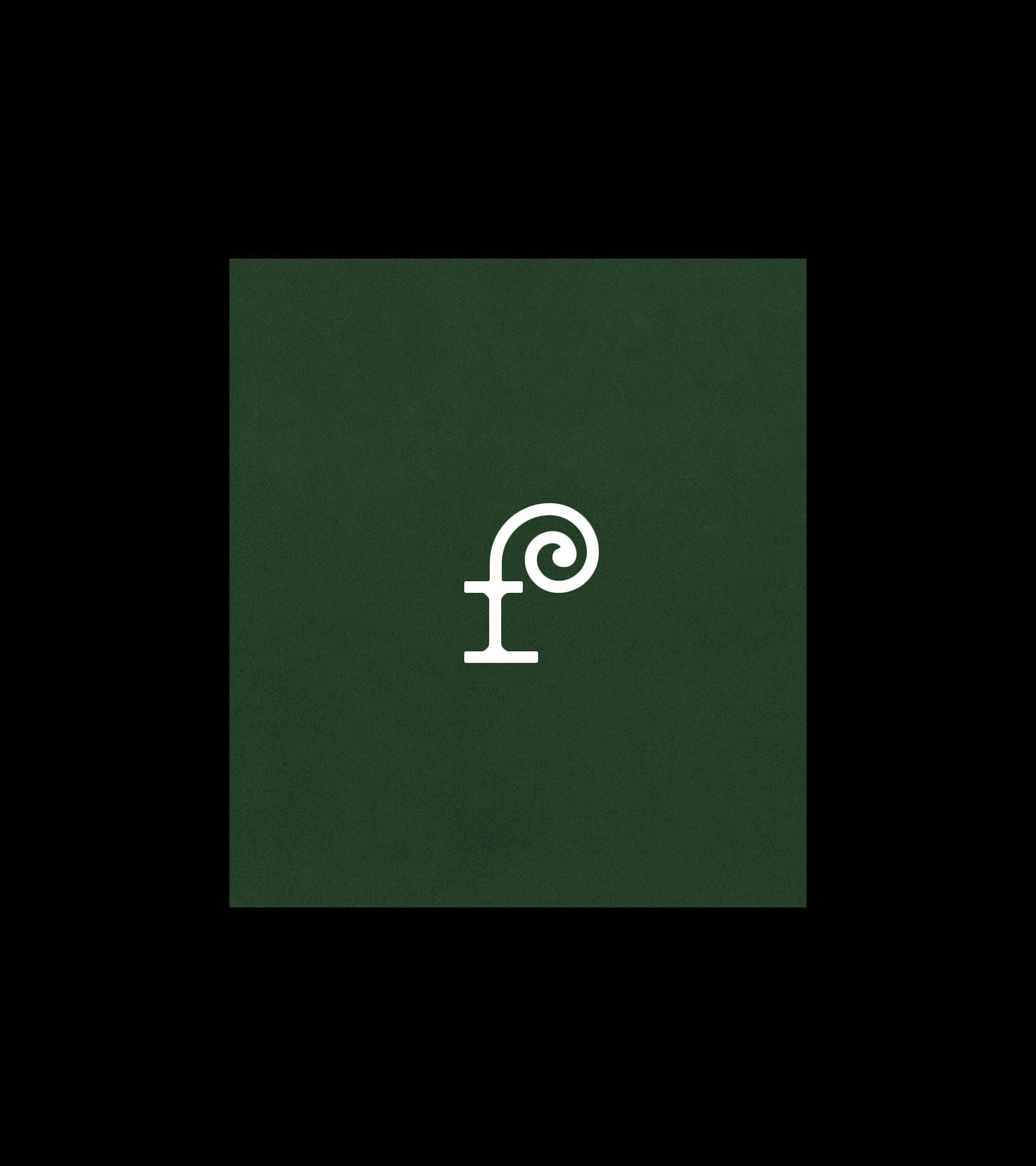 Forage logo: white stylized "f" with spiral top on forest green square, black bg