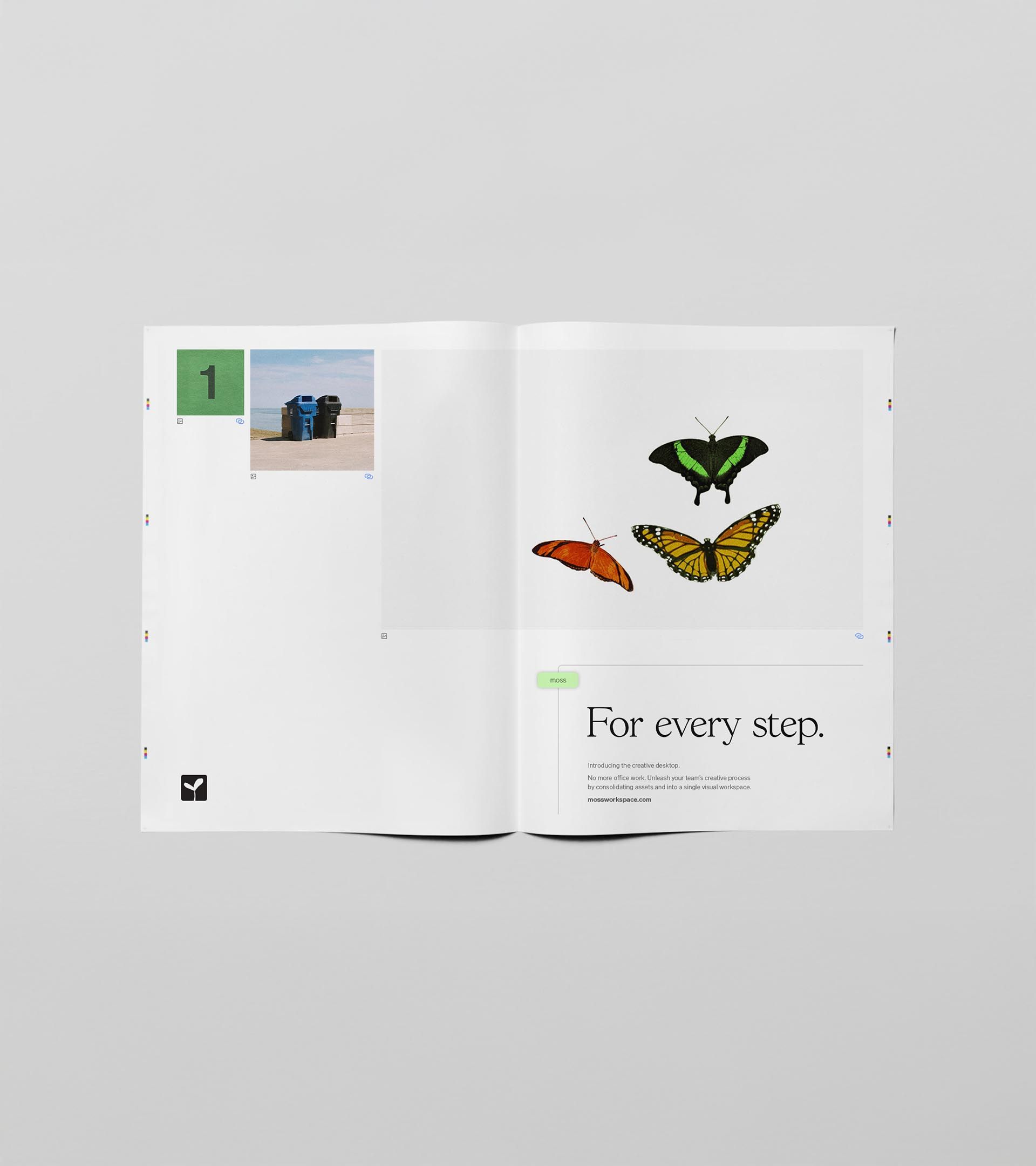 Moss Workspace "For every step." magazine spread; UI canvas with butterfly specimens and numbered asset block