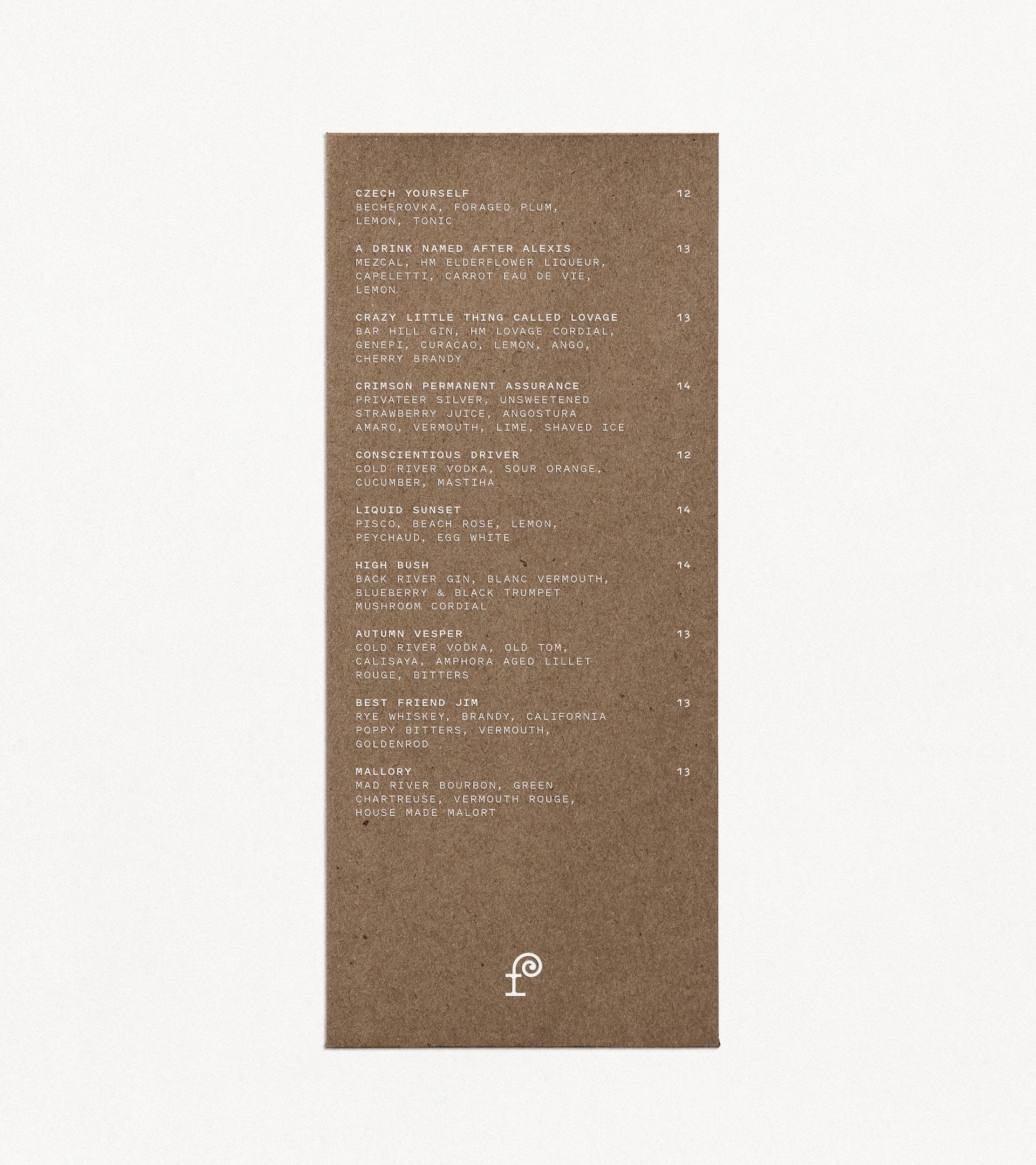 Forage bar menu: kraft card with cocktail names and ingredients with 'F' mark as sign-off below