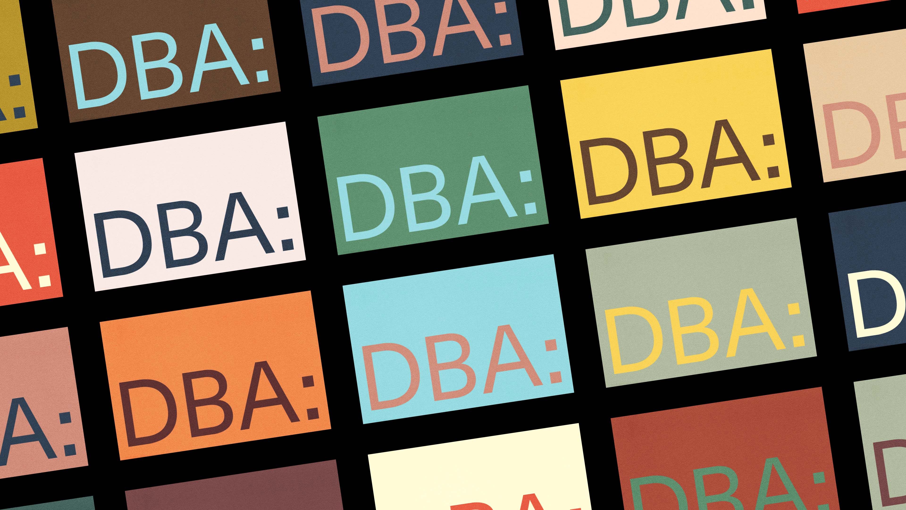 "DBA:" wordmark tiled across business card grid in varied color combos — orange, teal, green, navy on black
