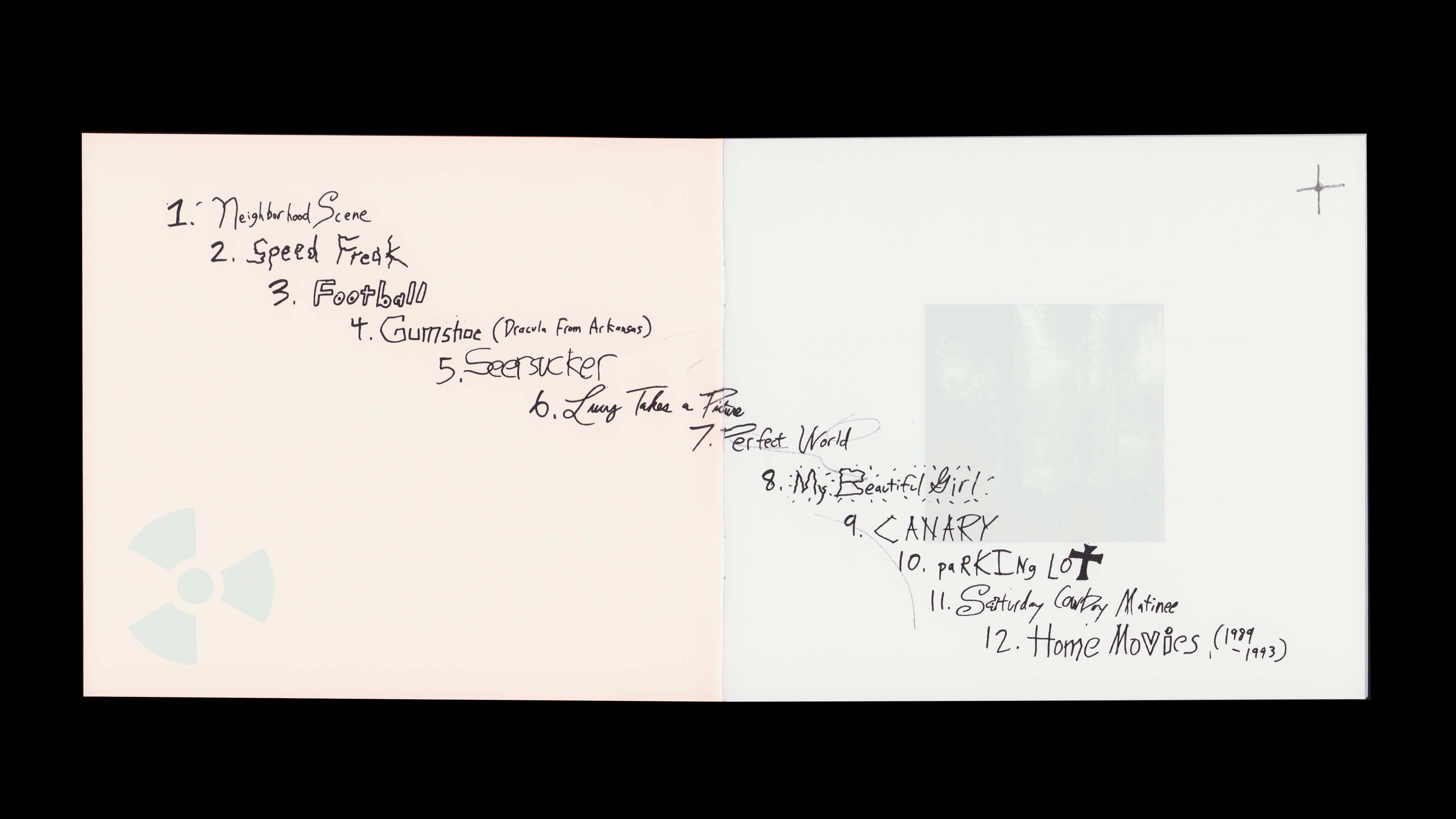 Youth Lagoon RDID booklet track list spread: handwritten diagonal tracklist, front cover visible