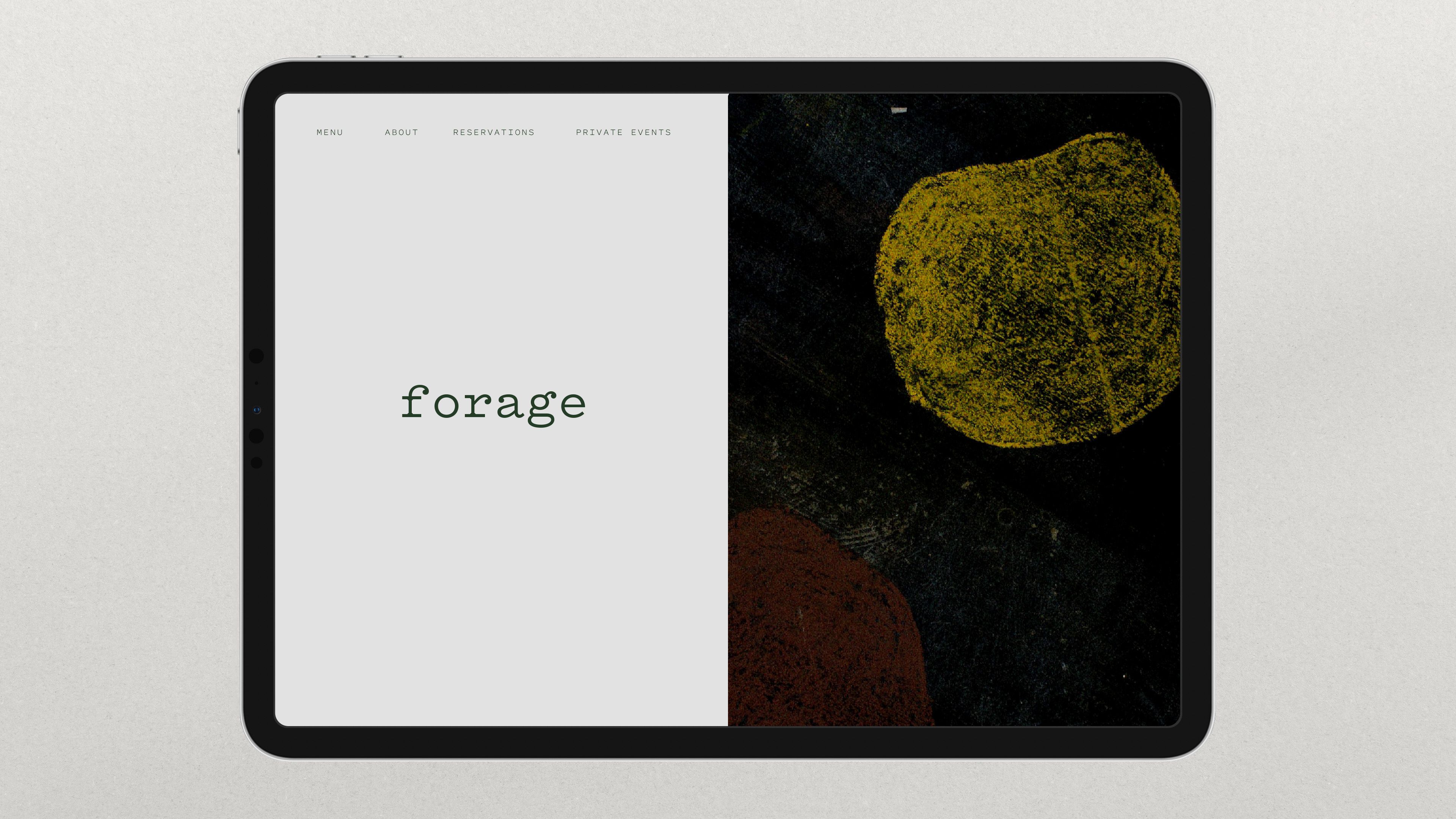 Forage website mockup on iPad: split-screen —  wordmark and navigation left, organic textural paint blobs right