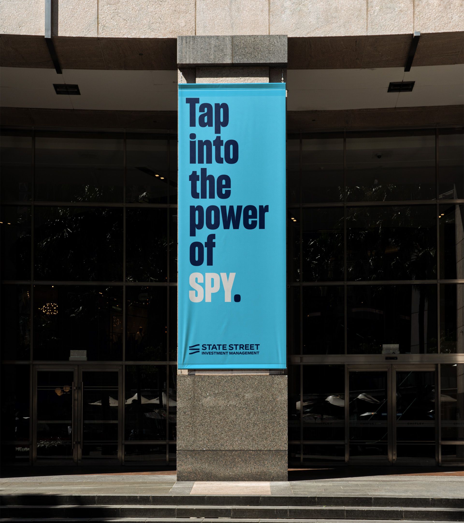 Events system application: blue exterior banner on column: "Tap into the power of SPY." with logo below