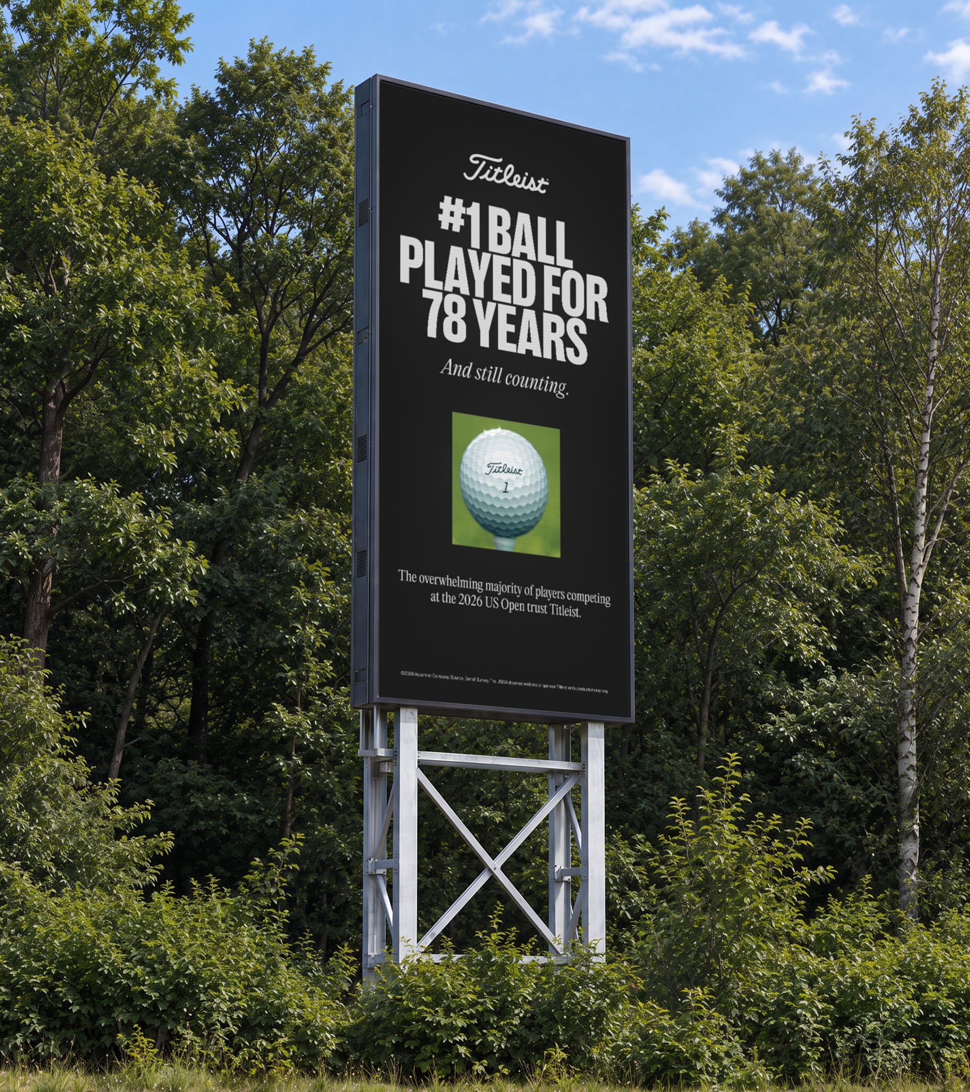 Digital billboard among trees reading “#1 ball played for 78 years. And still counting.” with a Titleist ball on a tee and the Titleist logo.