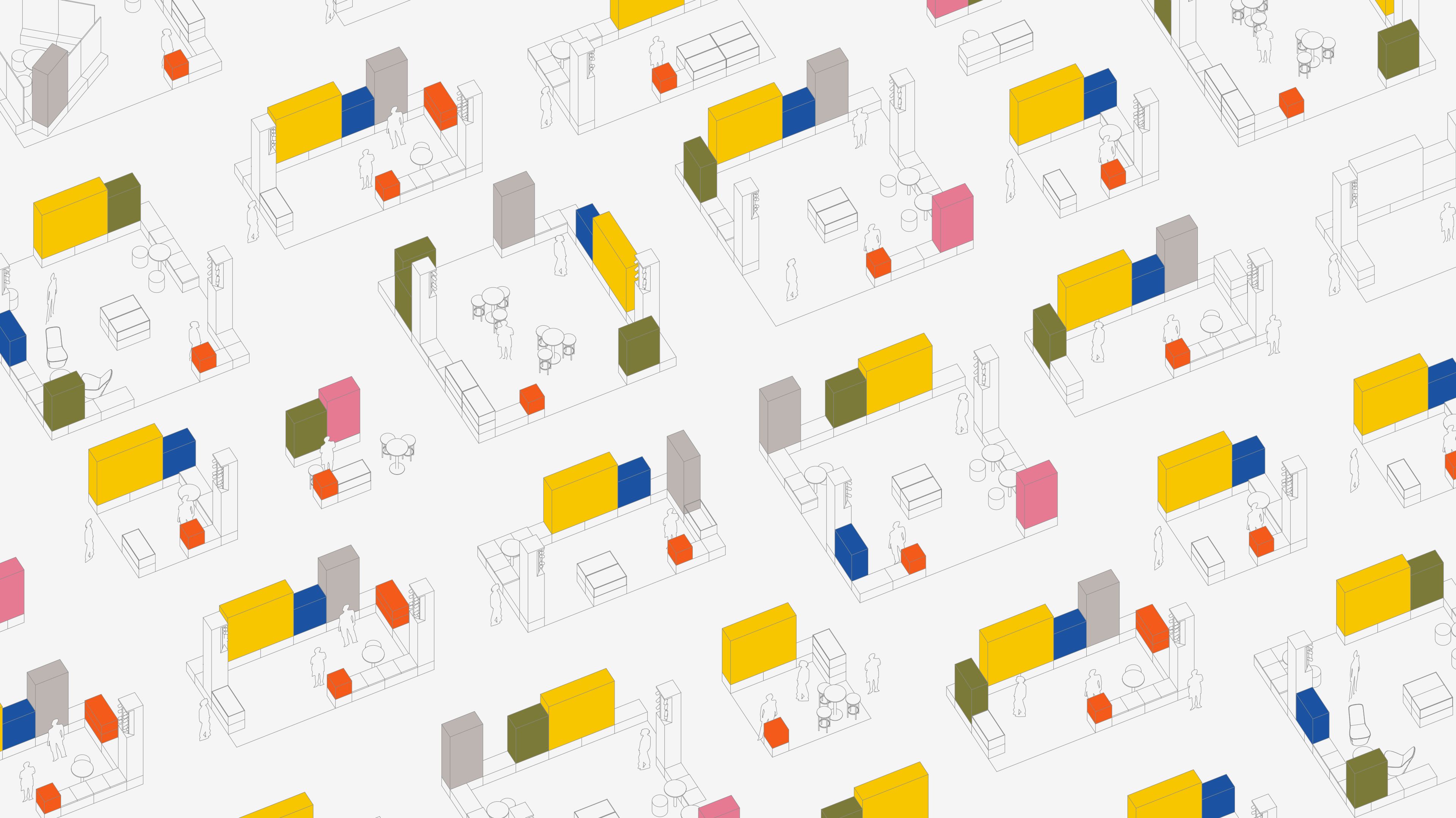 overview of SSGA modular booth configurations shown in isometric view, tiled across the frame with color-accented branded elements