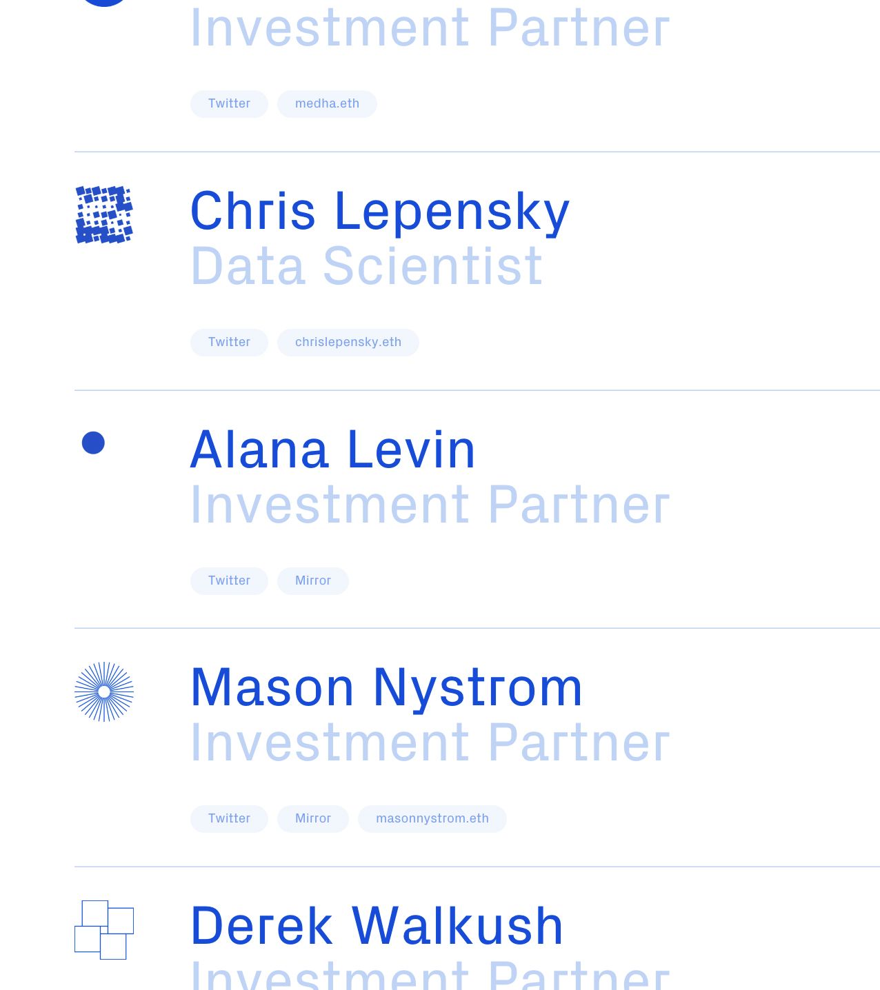 Variant brand website team directory listing investment partners and data scientist with custom glyphs and social links