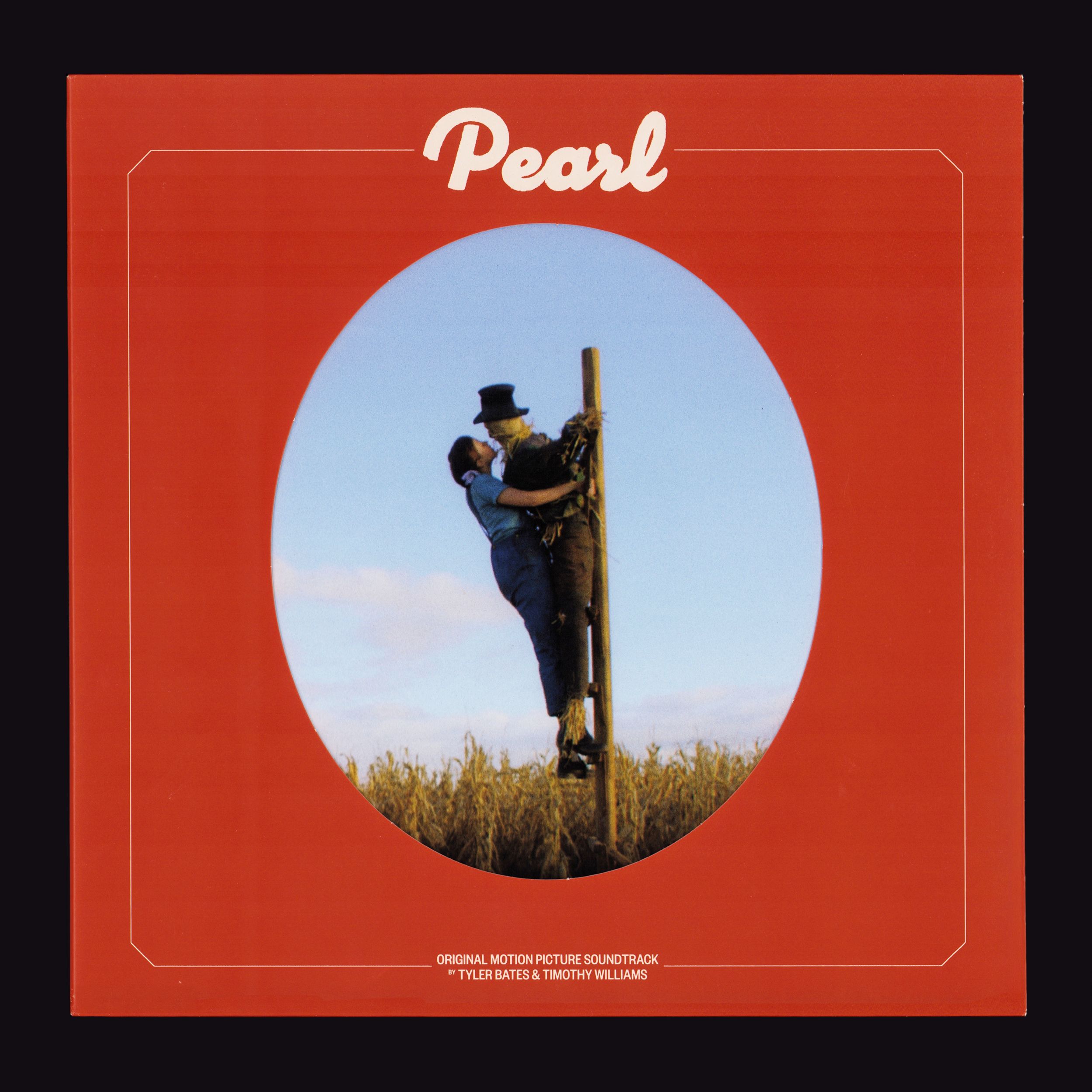 "Pearl" OST LP front: red sleeve with oval die cut window showing Pearl embracing scarecrow in cornfield
