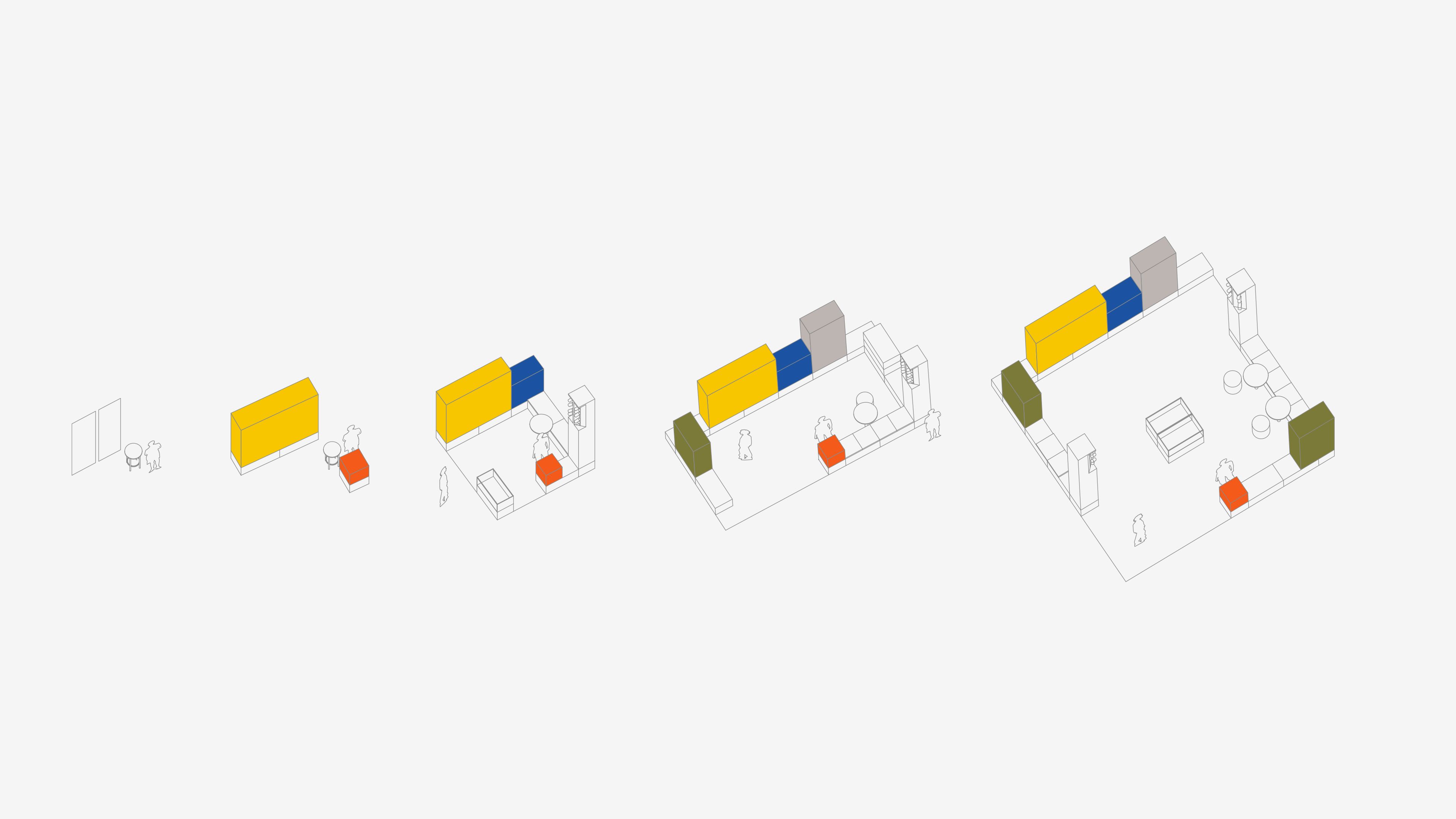 Isometric diagram showing five stages of modular booth build-out, from bare floor plan to fully furnished SSGA branded environment