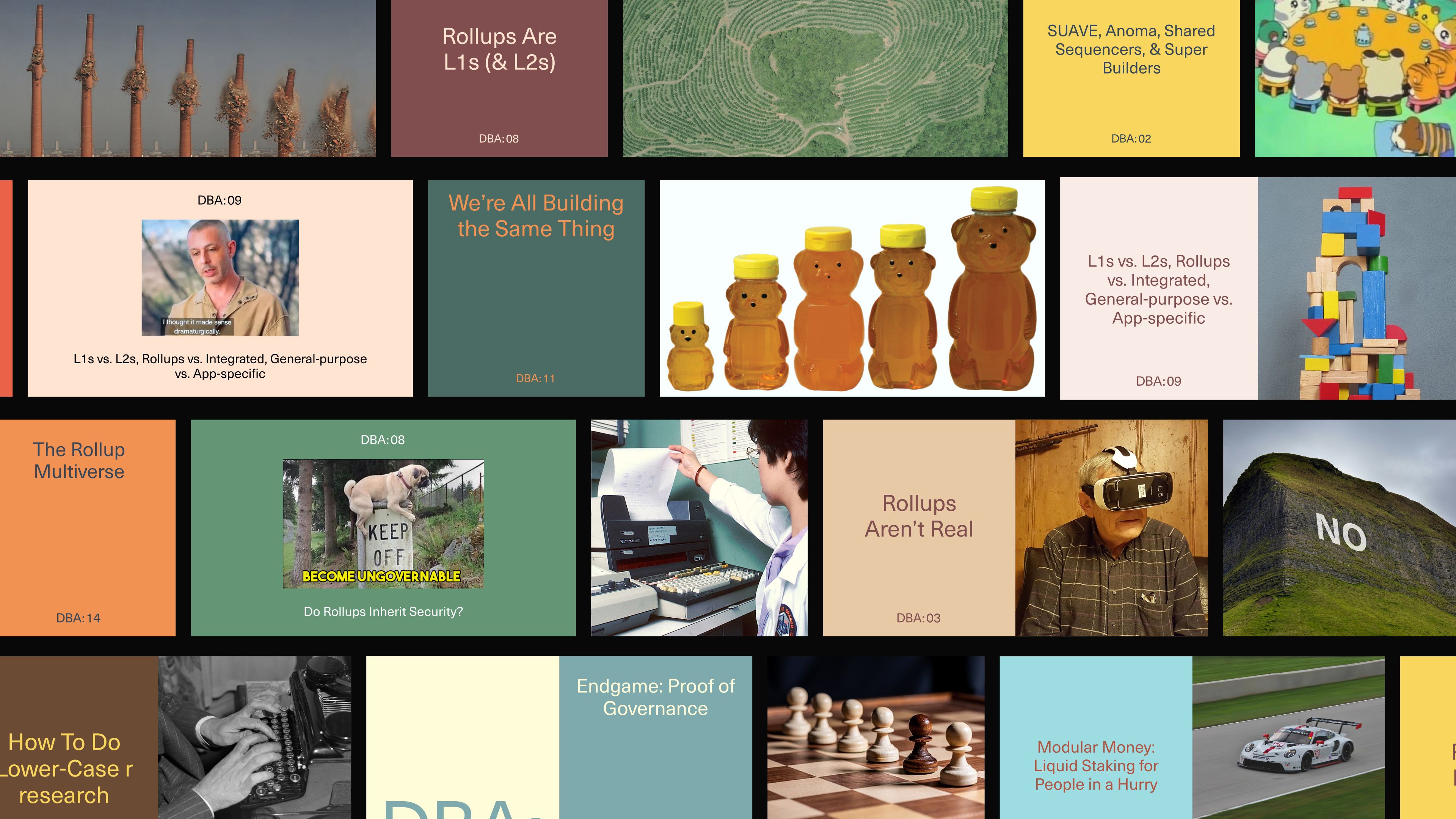 DBA article mosaic overview: article title cards and mix of meme and archival imagery in tiled in milling grid