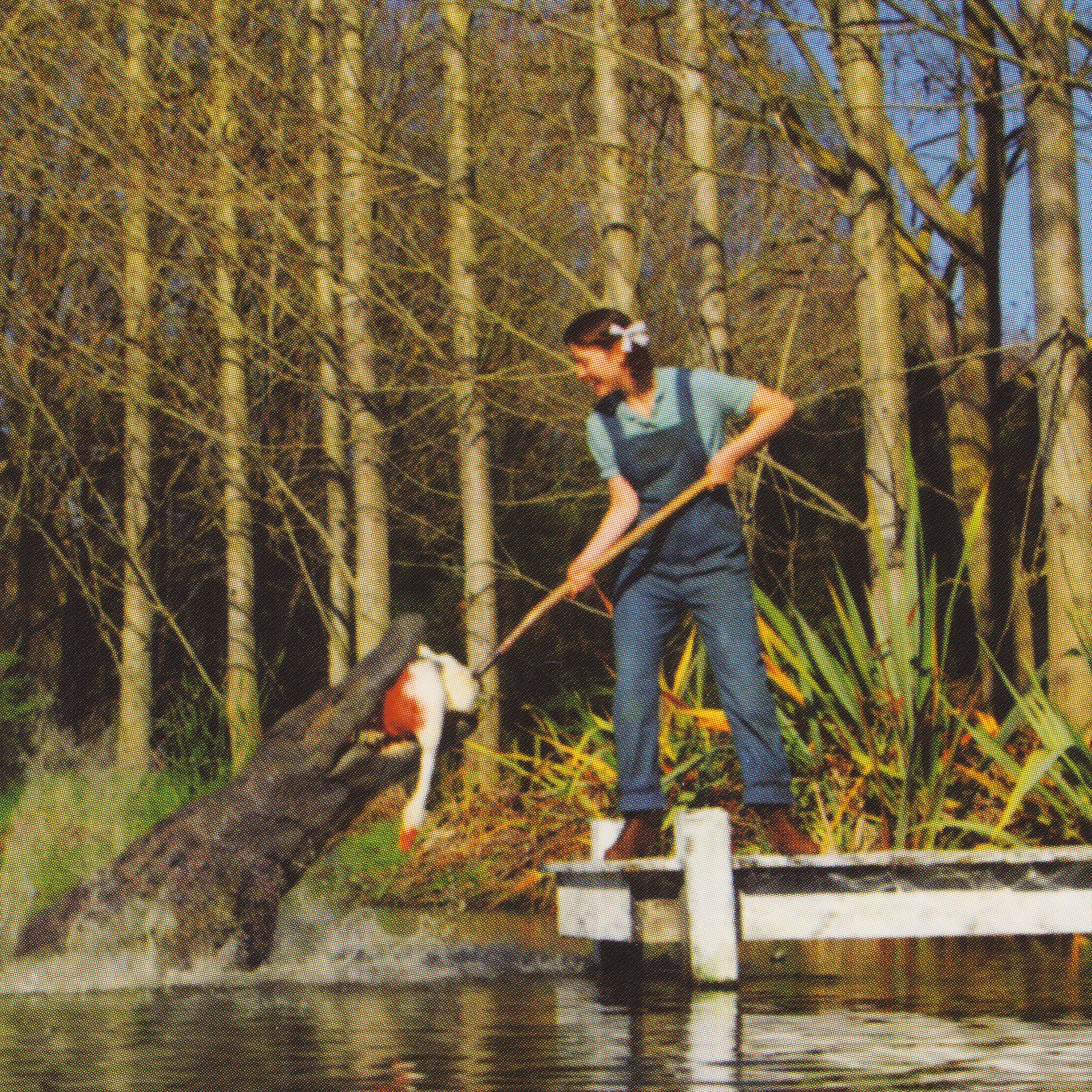 jacket back detail: 'Pearl' in overalls on dock with pitchfork feeding alligator lunging from marshy water