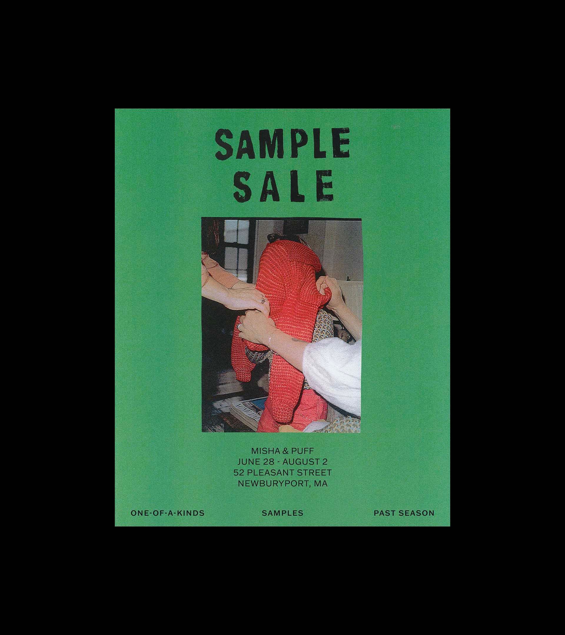 Misha & Puff "Sample Sale" flyer, Kelly green with bold letterpress-style type and a photo of hands handling a knit garment.