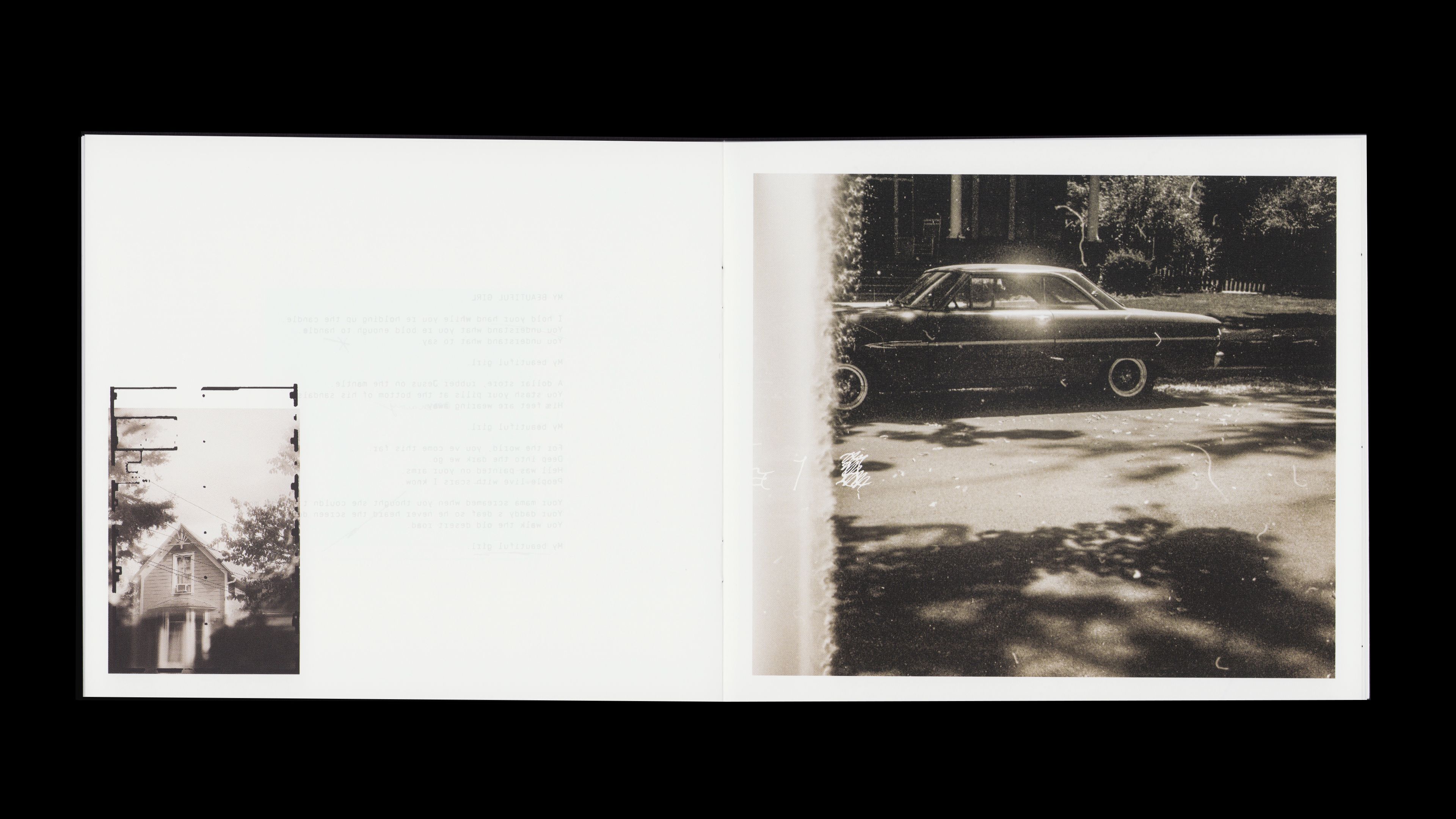 Youth Lagoon RDID booklet: B&W suburban house and vintage car photographs with ghost lyric text