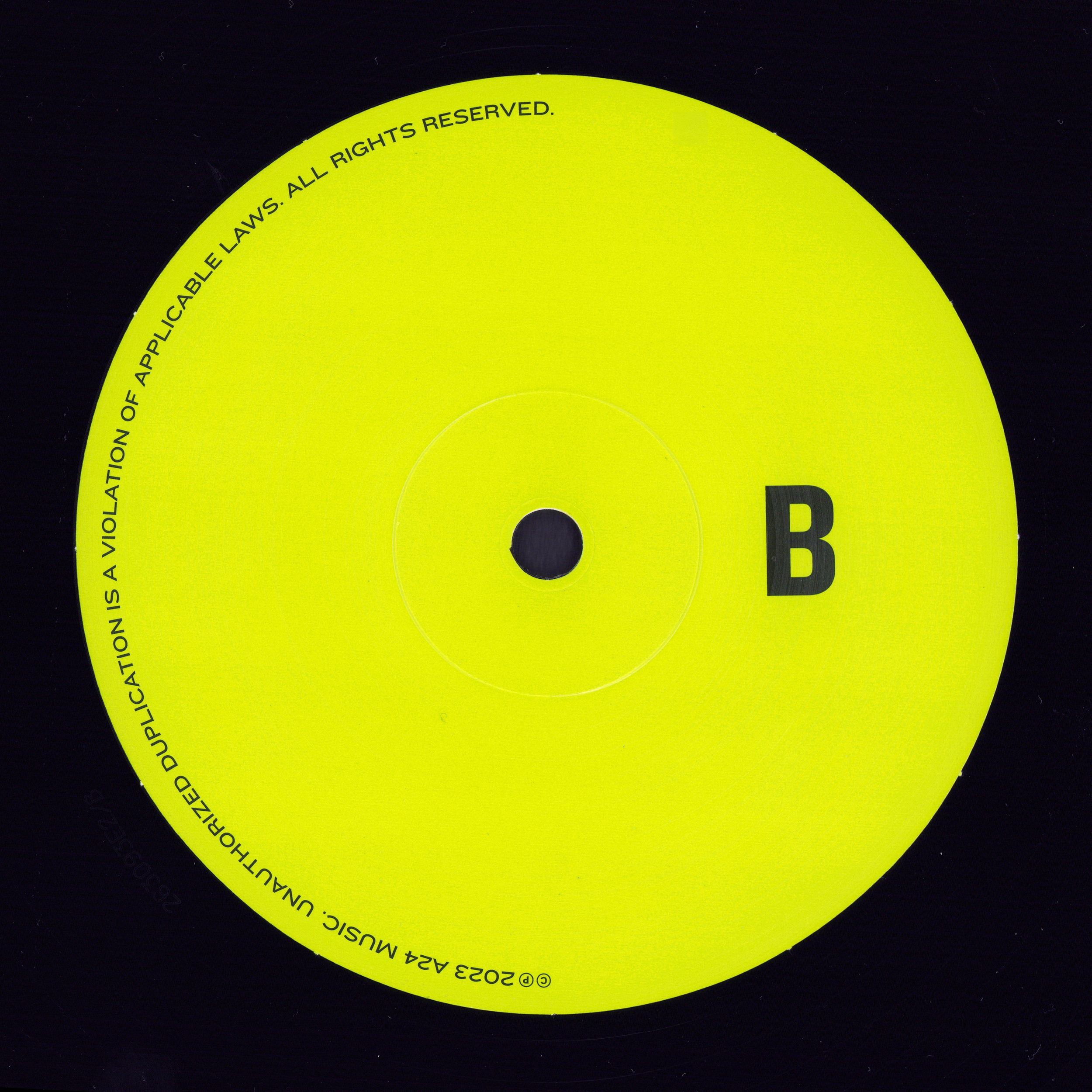WYFSTW Vinyl Label side B: Stamped "B" in gothic sans typeface, radial legal credits, large white space on green