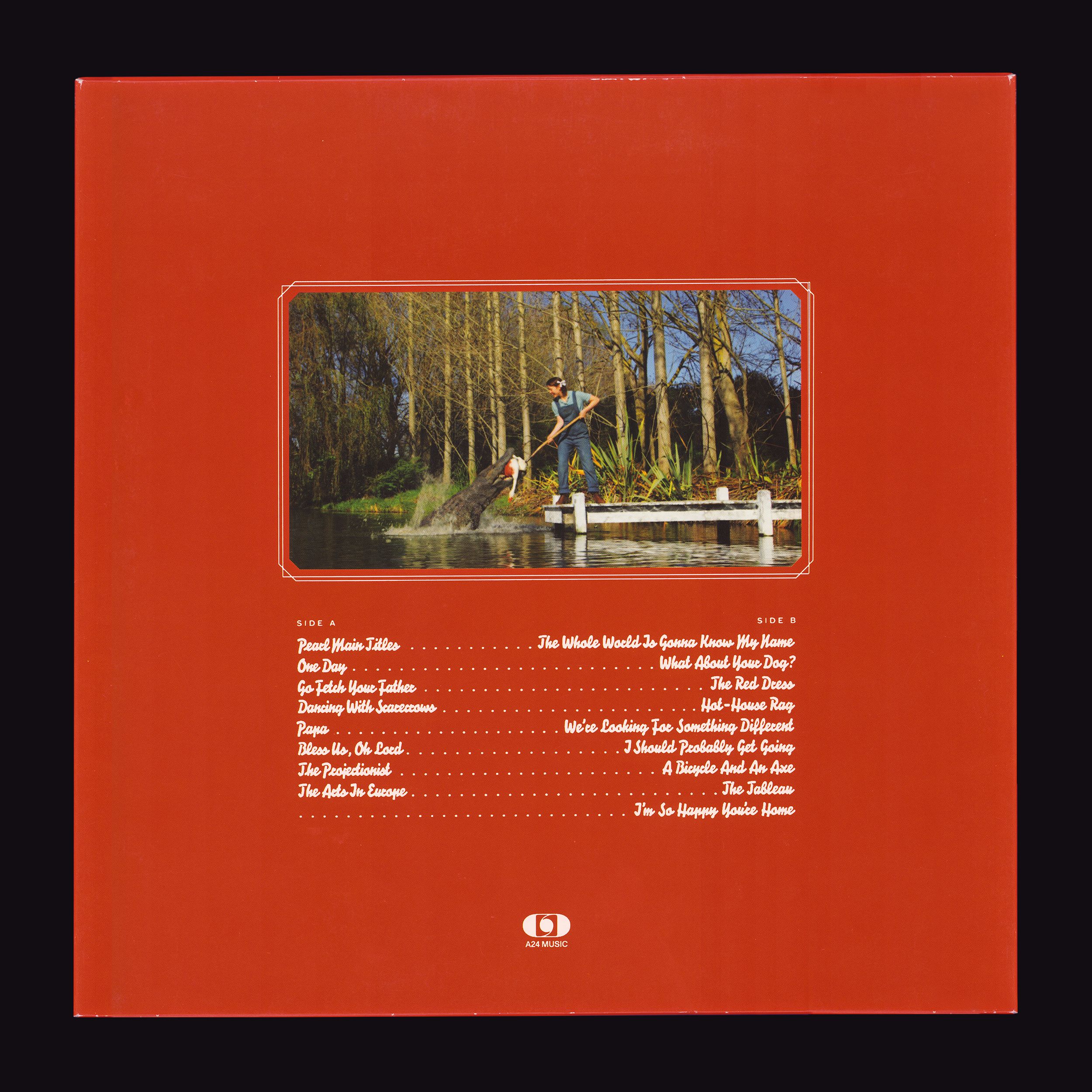 LP Jacket back: red fill with inset photo of "Pearl" feeding Alligator with pitchfork, tracklist below in brush script