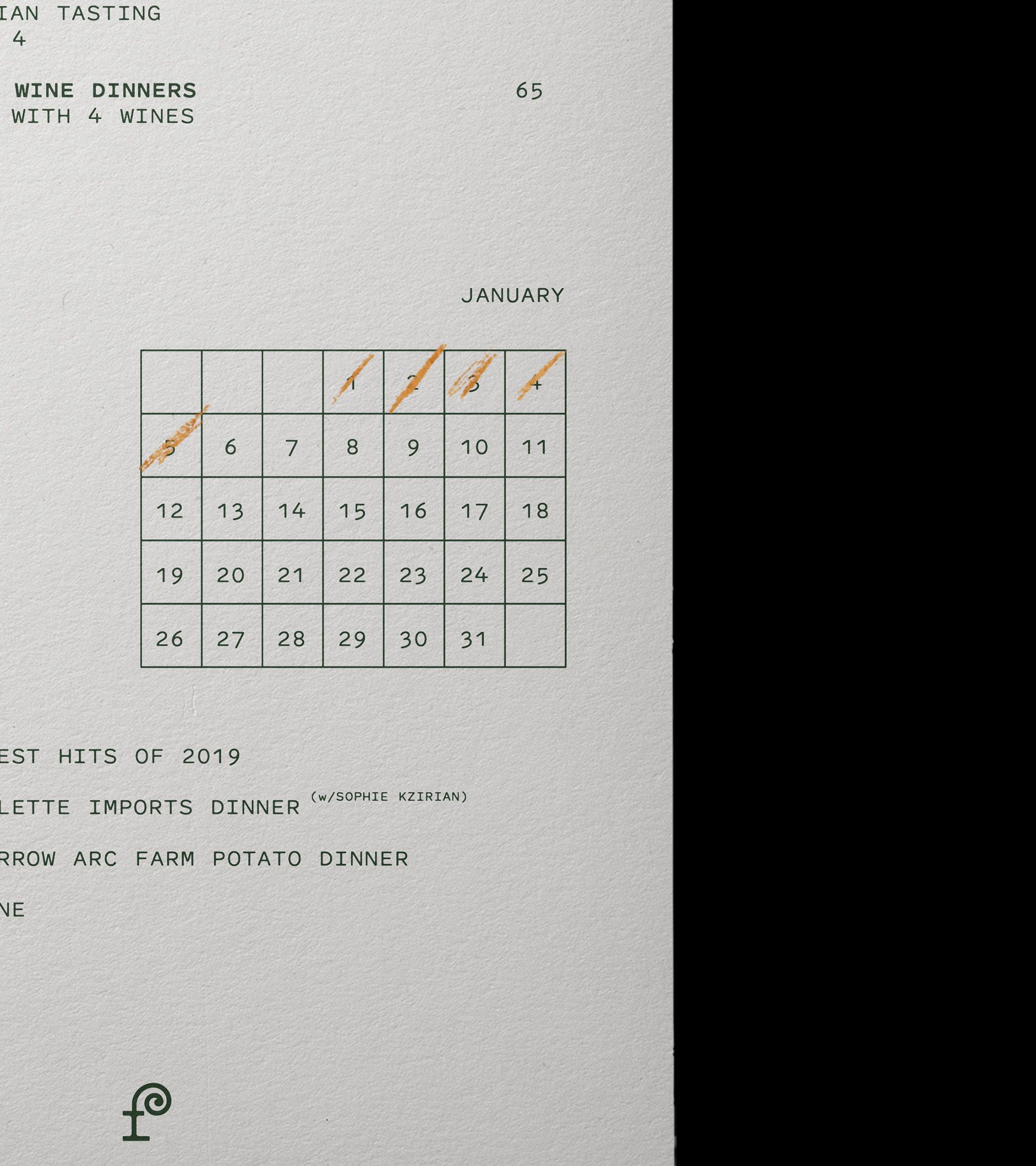 Forage events card: January calendar with orange crayon X's crossing out previous dates on calendar