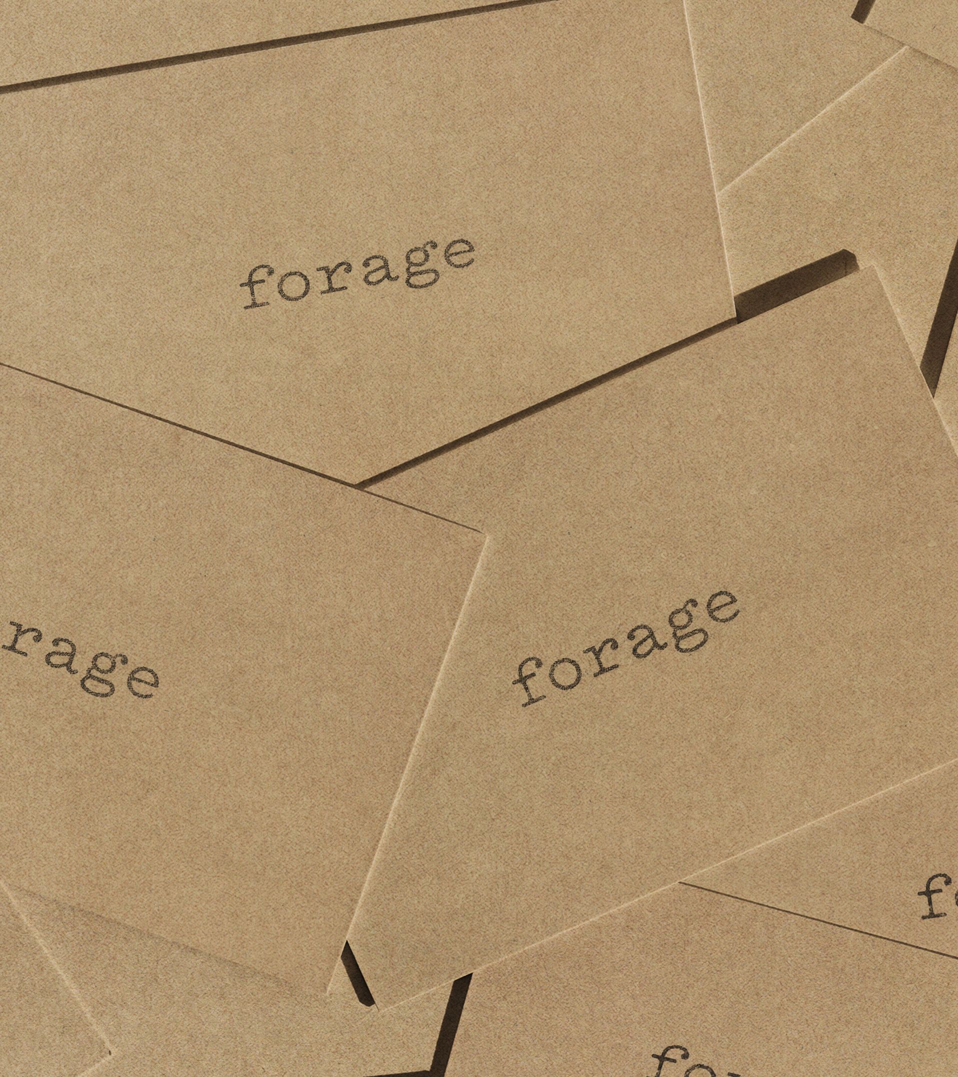 Forage business cards: scattered kraft paper cards with printed "forage" typewriter wordmark