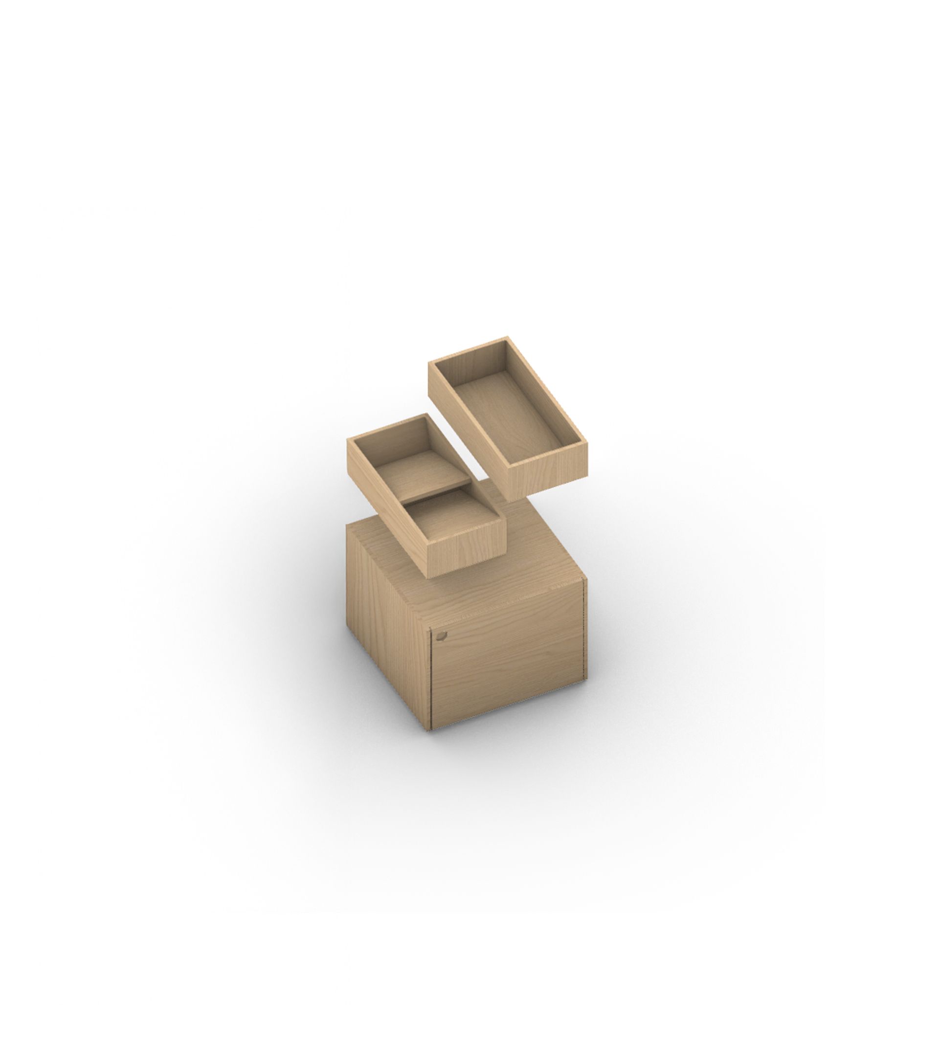 Isometric 3D render: natural oak exhibition cube unit with three open-top trays in exploded view