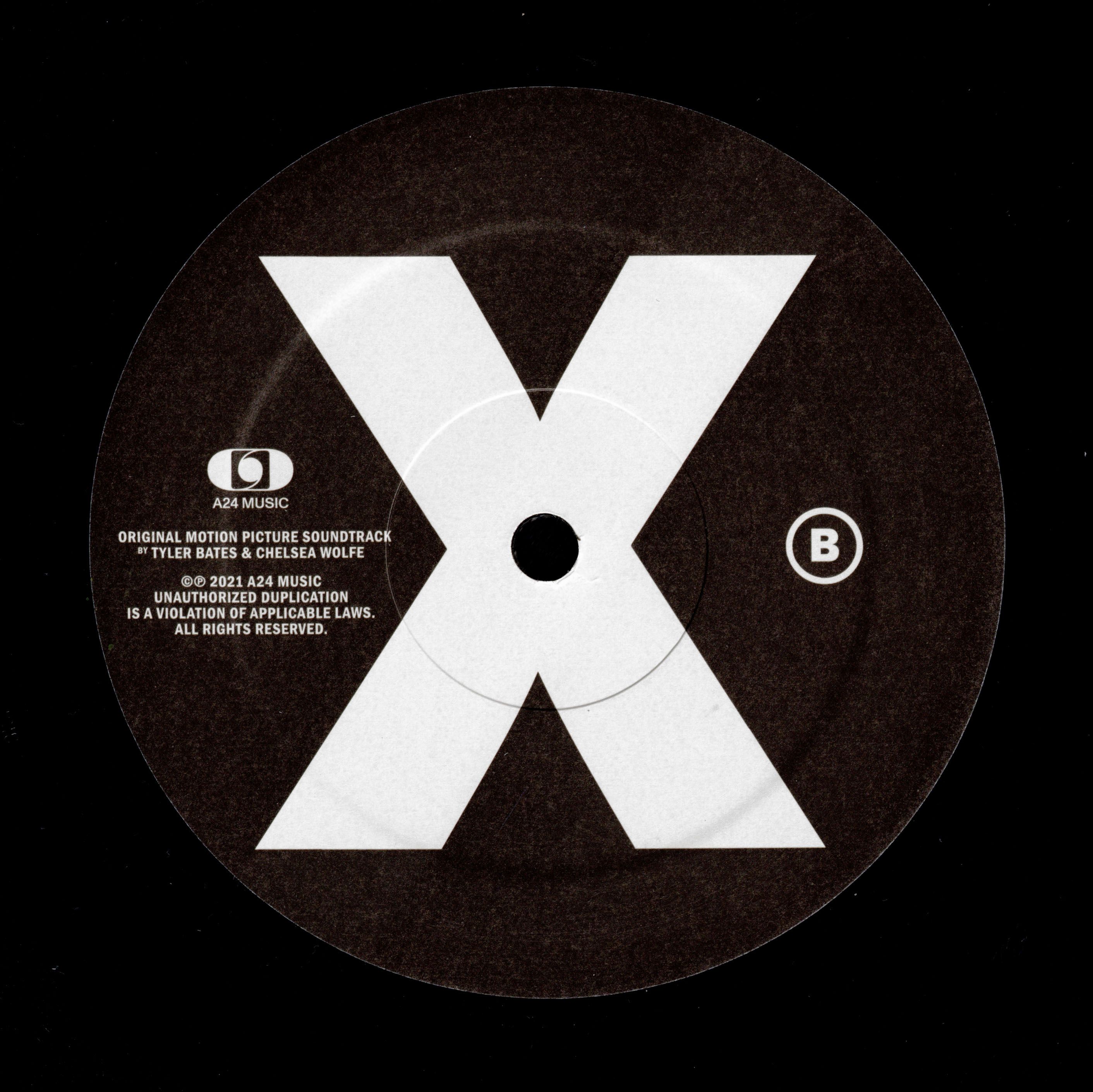 A24 Music X soundtrack Side B vinyl label; white X letterform on dark brown ground, A24 logo and Tyler Bates & Chelsea Wolfe credit
