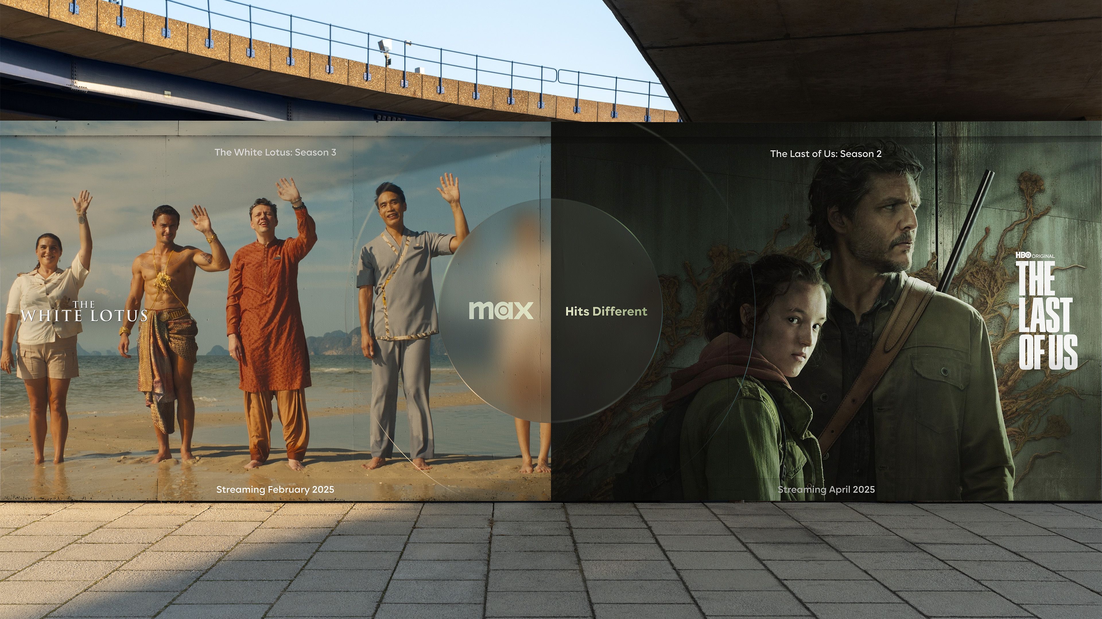 Two OOH panels on concrete underpass: White Lotus Season 3 and The Last of Us Season 2 key art with "Hits Different" tagline