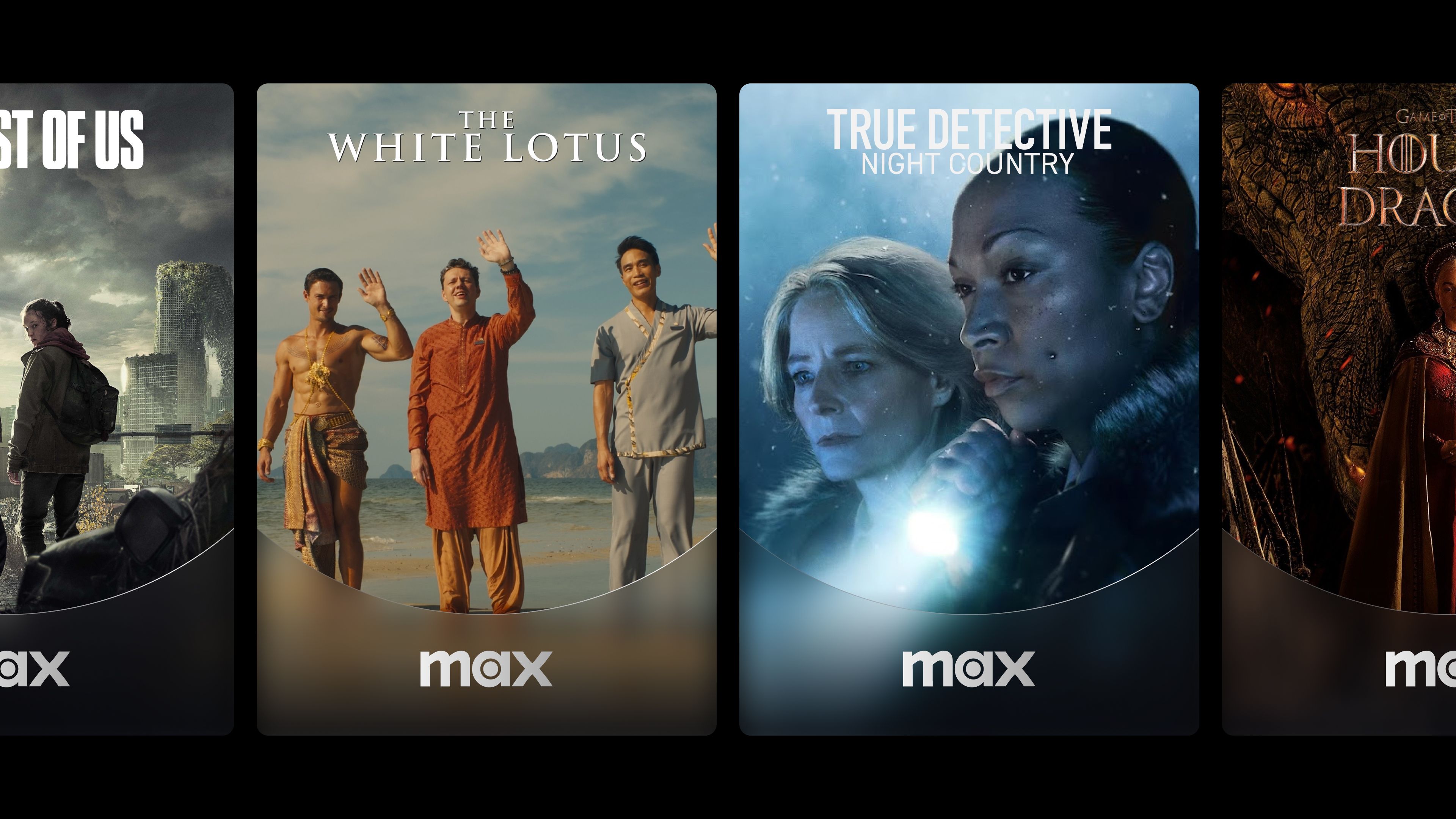 Key art system: The Last of Us, The White Lotus, True Detective Night Country, and House of the Dragon with frosted matte below for logo