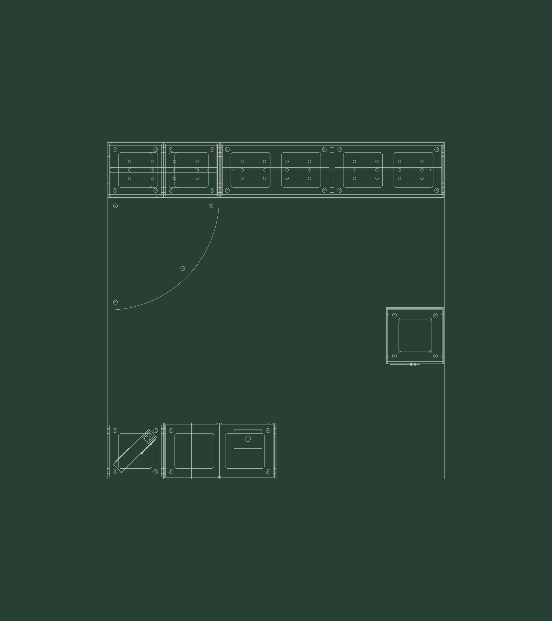 Technical floor plan of SSGA booth on dark green ground; white linework showing display cases, curved wall, and entry units