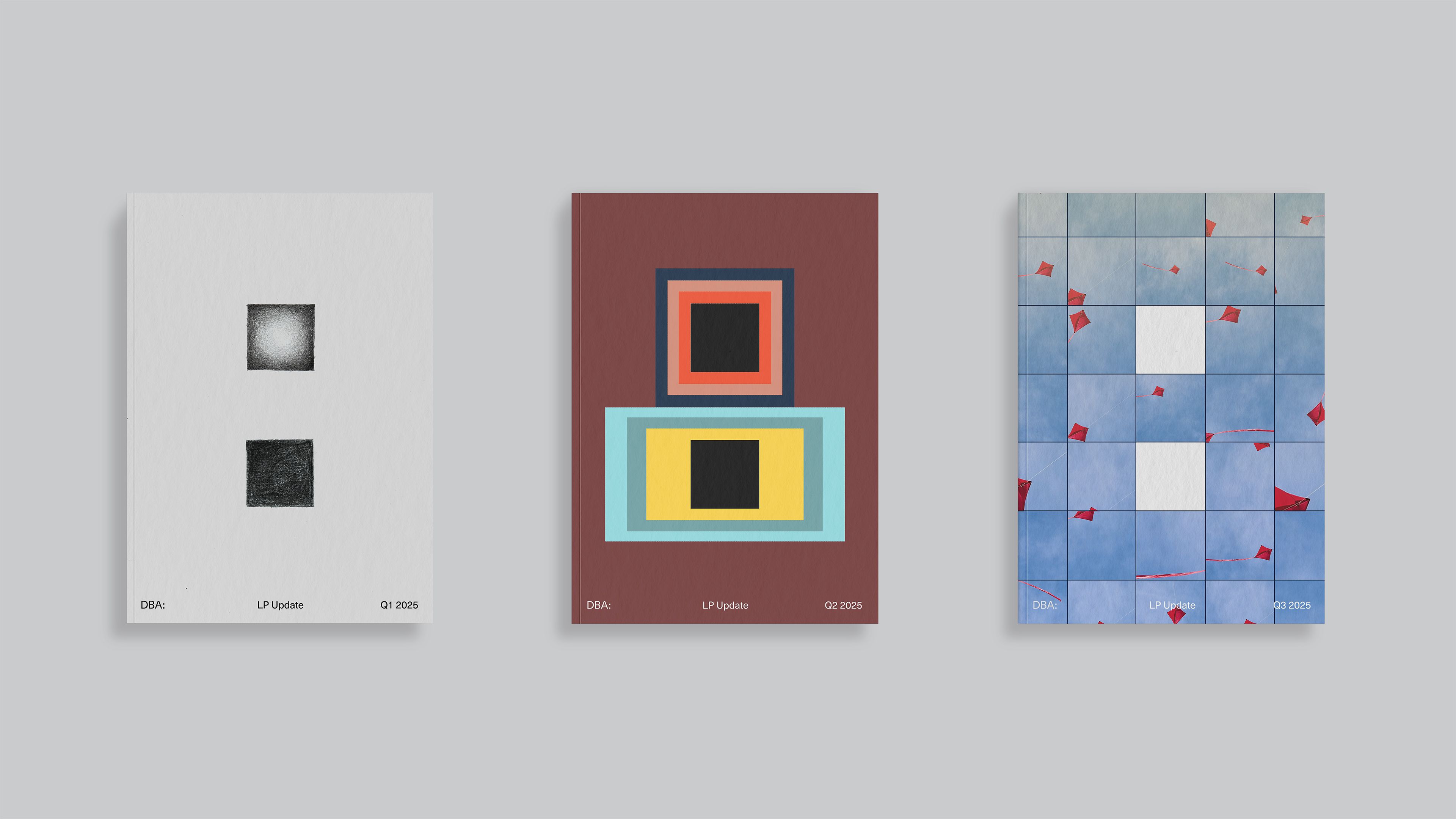 LP Update quarterly reports Q1–Q3 2025: three covers with variations on DBA colon mark
