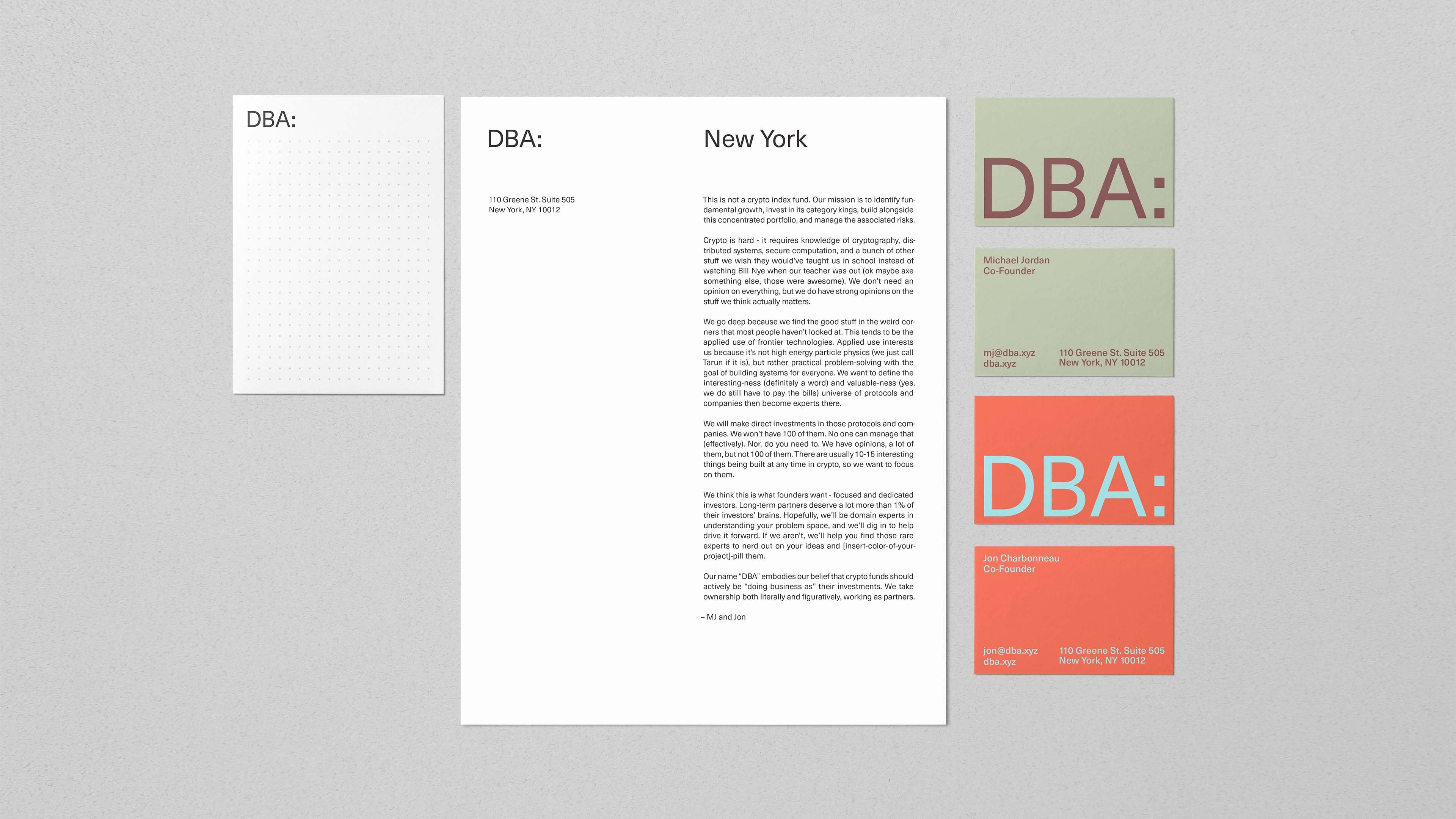 Letterhead, investor letter, and business cards in forest green and coral — New York office stationery