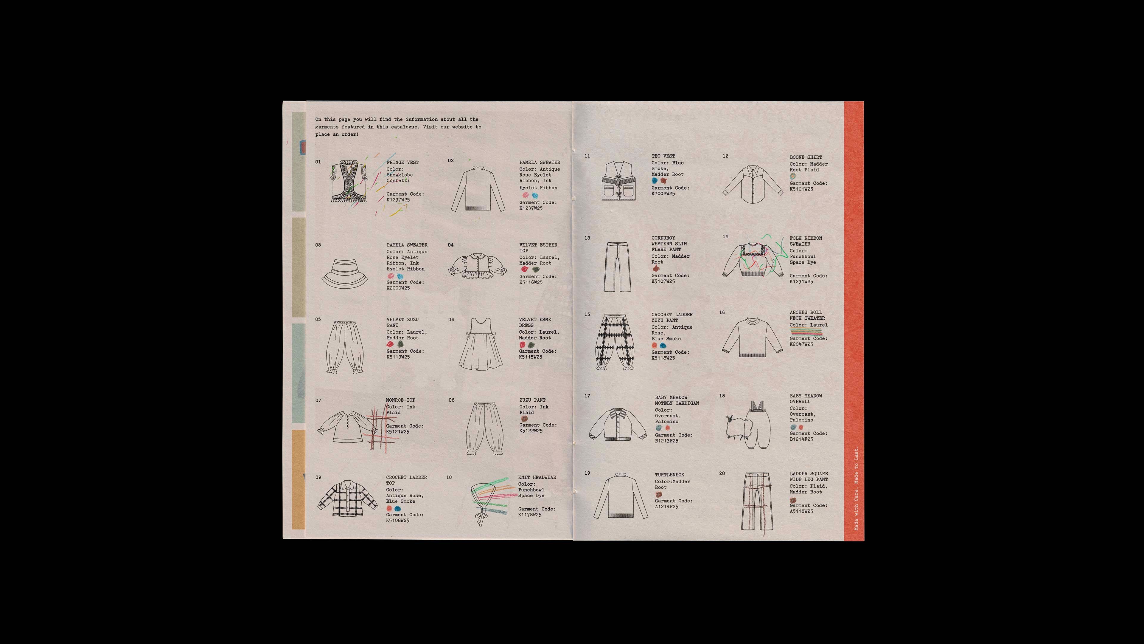 Misha & Puff catalog garment index spread: illustrated flat sketches of 20 pieces with color codes and garment codes.