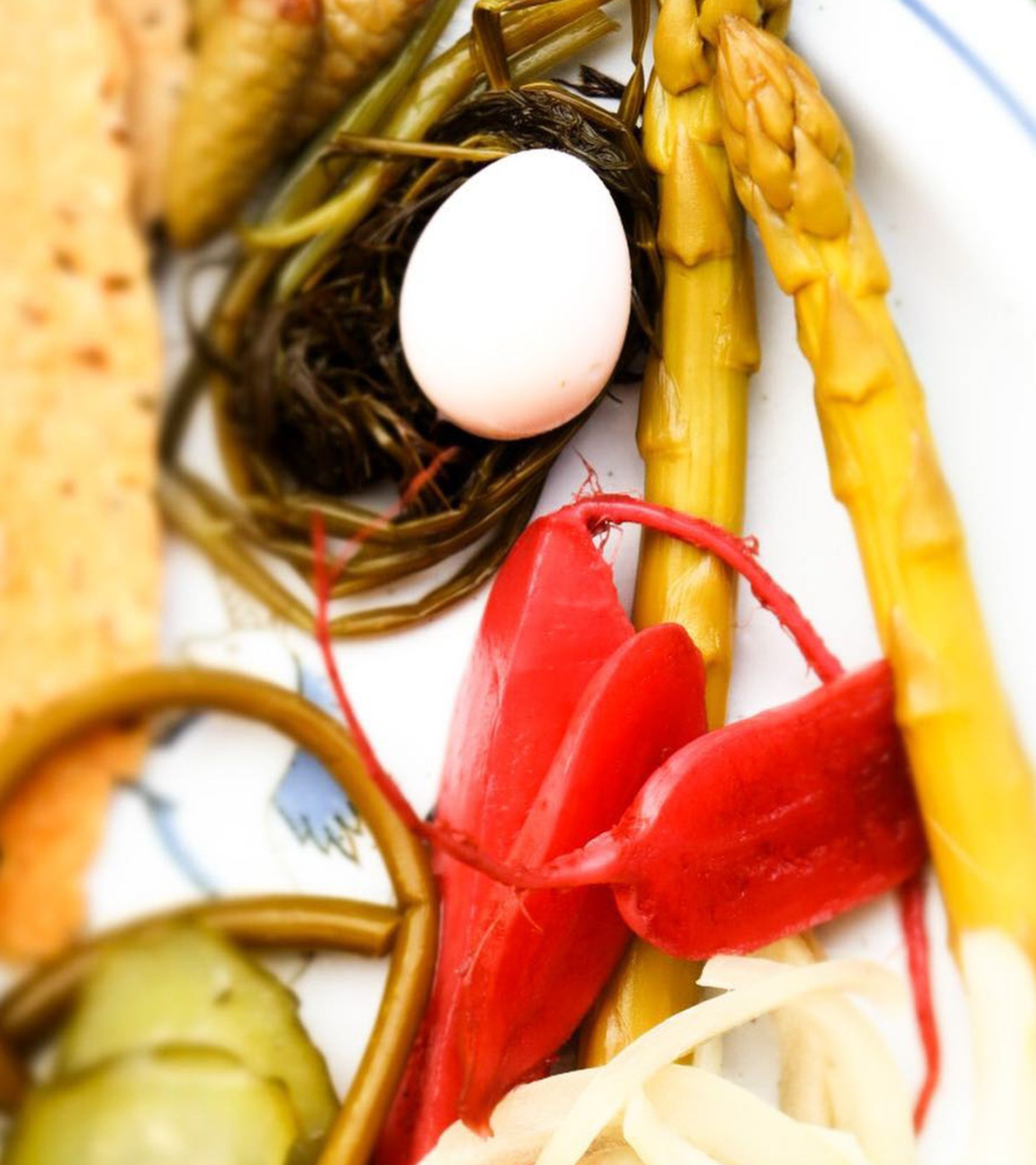 Forage plate: egg nested in arrangement of seasonal vegetables