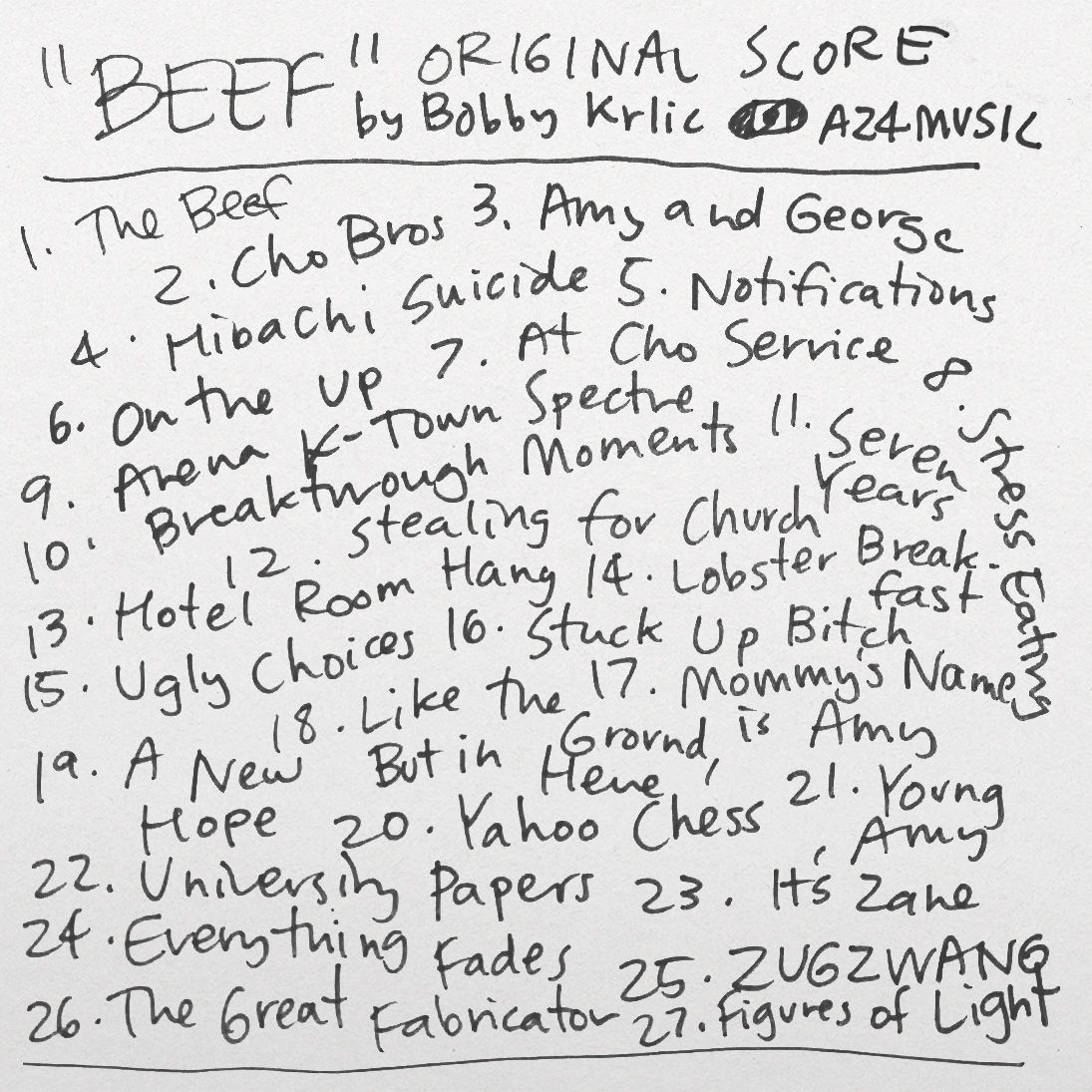 "BEEF" OST handwritten track listing: 27 tracks on white card — "The Beef," "Cho Bros," "ZUGZWANG," A24 Music