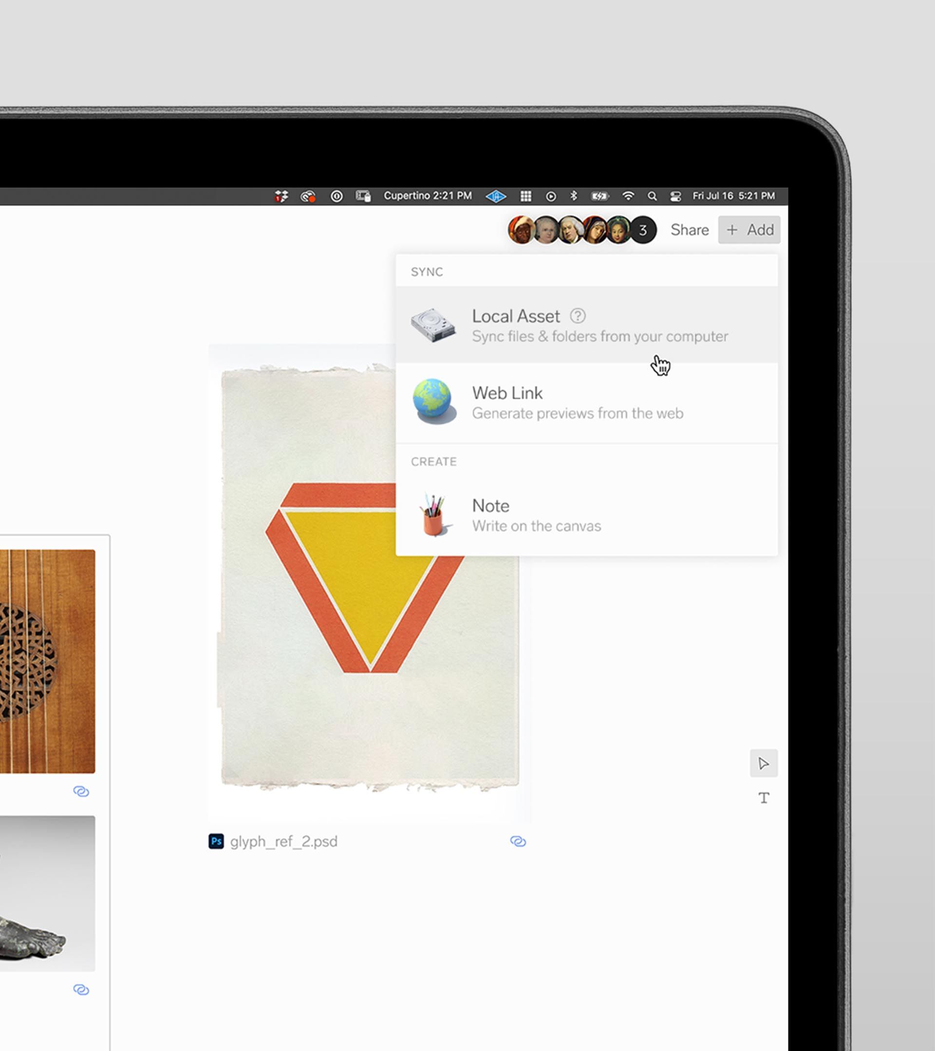 Moss Workspace desktop app UI showing canvas with asset add menu: Local Asset, Web Link, Note options