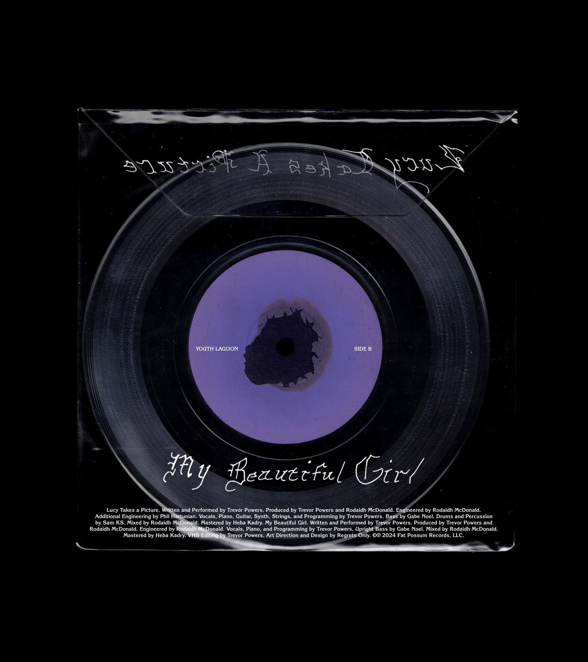 Youth Lagoon "My Beautiful Girl" 7-inch vinyl, Side B. Purple label with burn mark graphic. Art direction by Regrets Only.