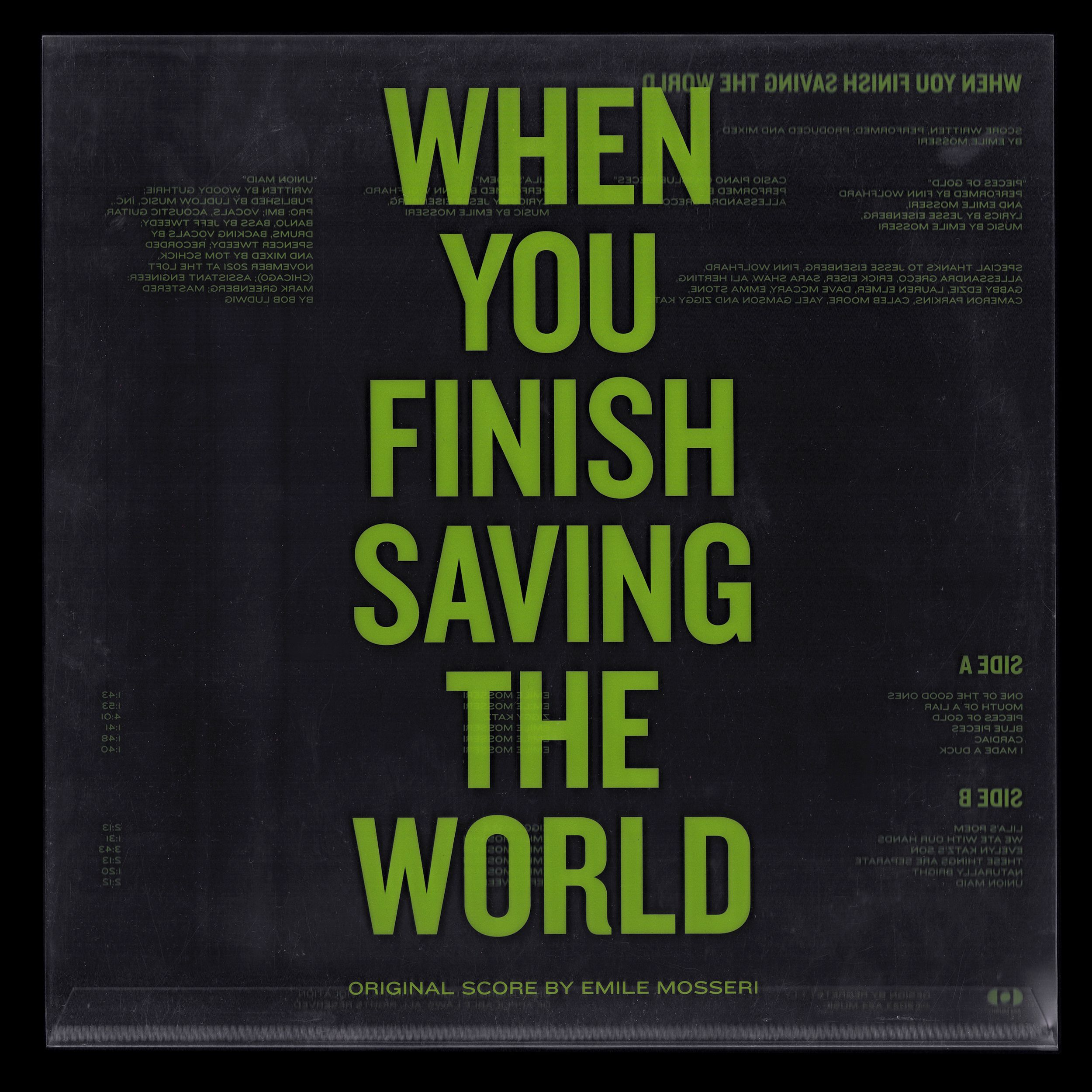 WYFSTW OST LP transparent jacket: Title in bold bright green type with tracklist reversed behind; black bg