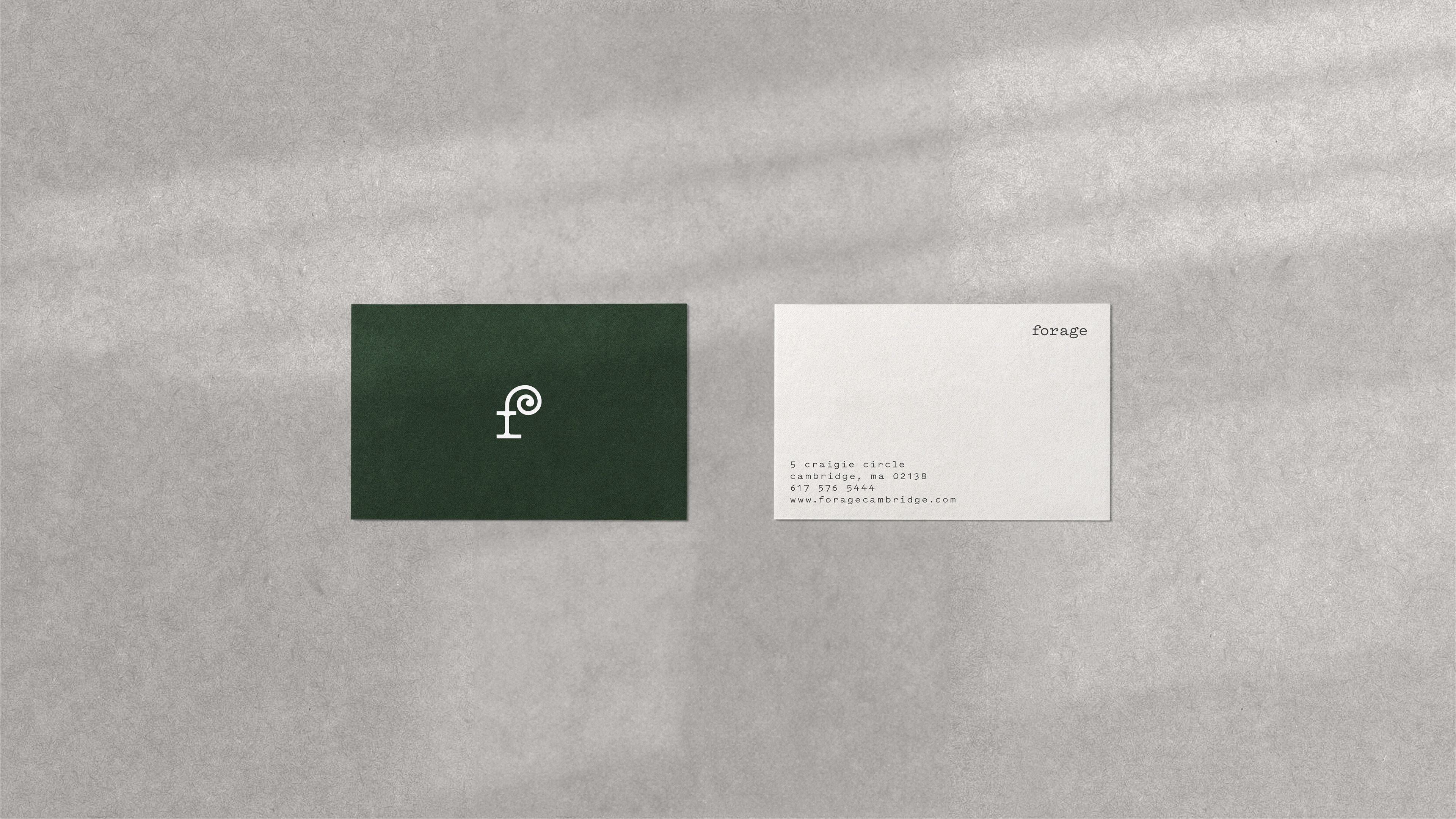 Forage business card set: dark green side with "f" mark + cream side with address/URL on textural gray background
