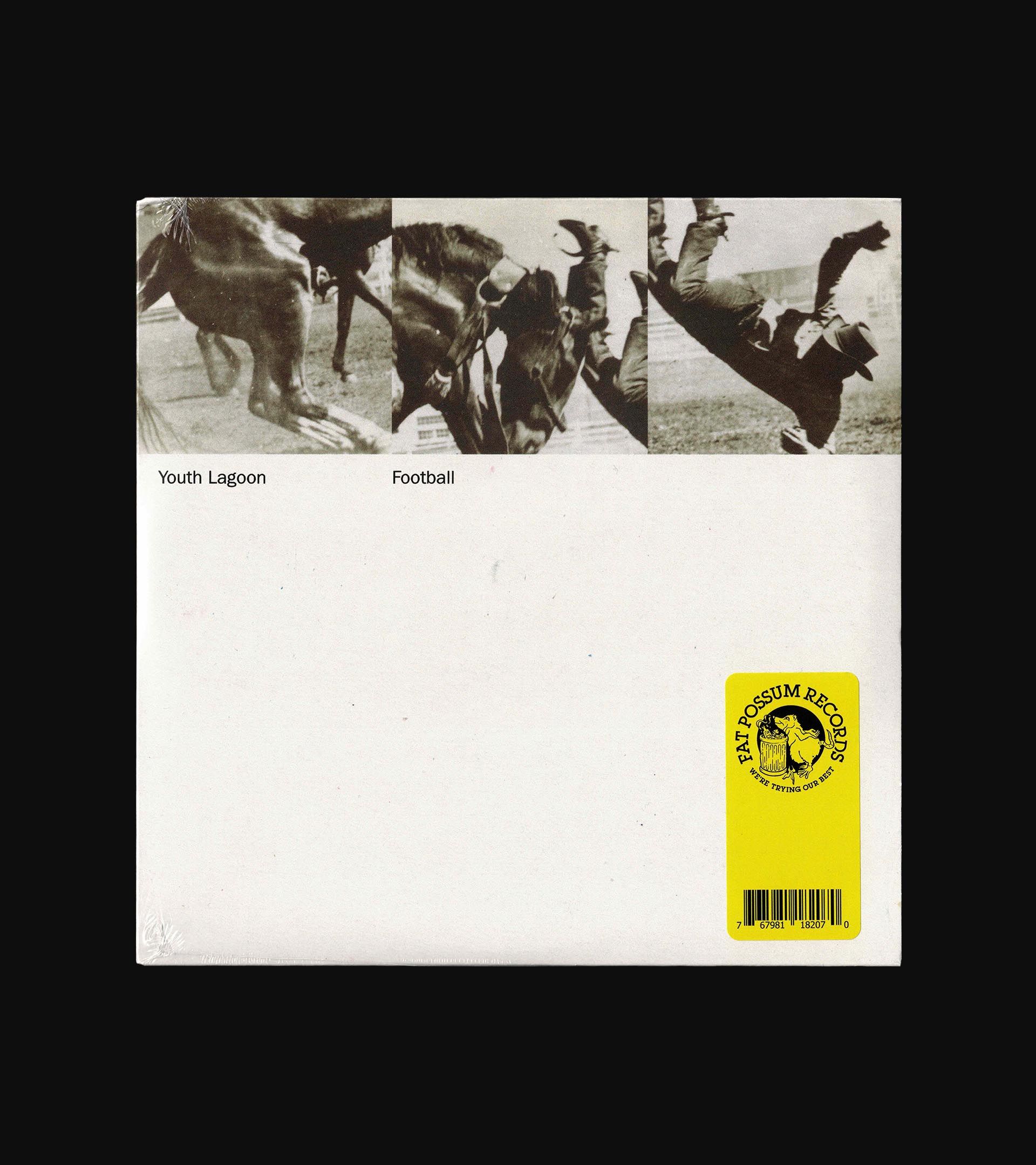 Youth Lagoon 'Football' sleeve: three B&W rodeo photos, title text below, yellow label ticker