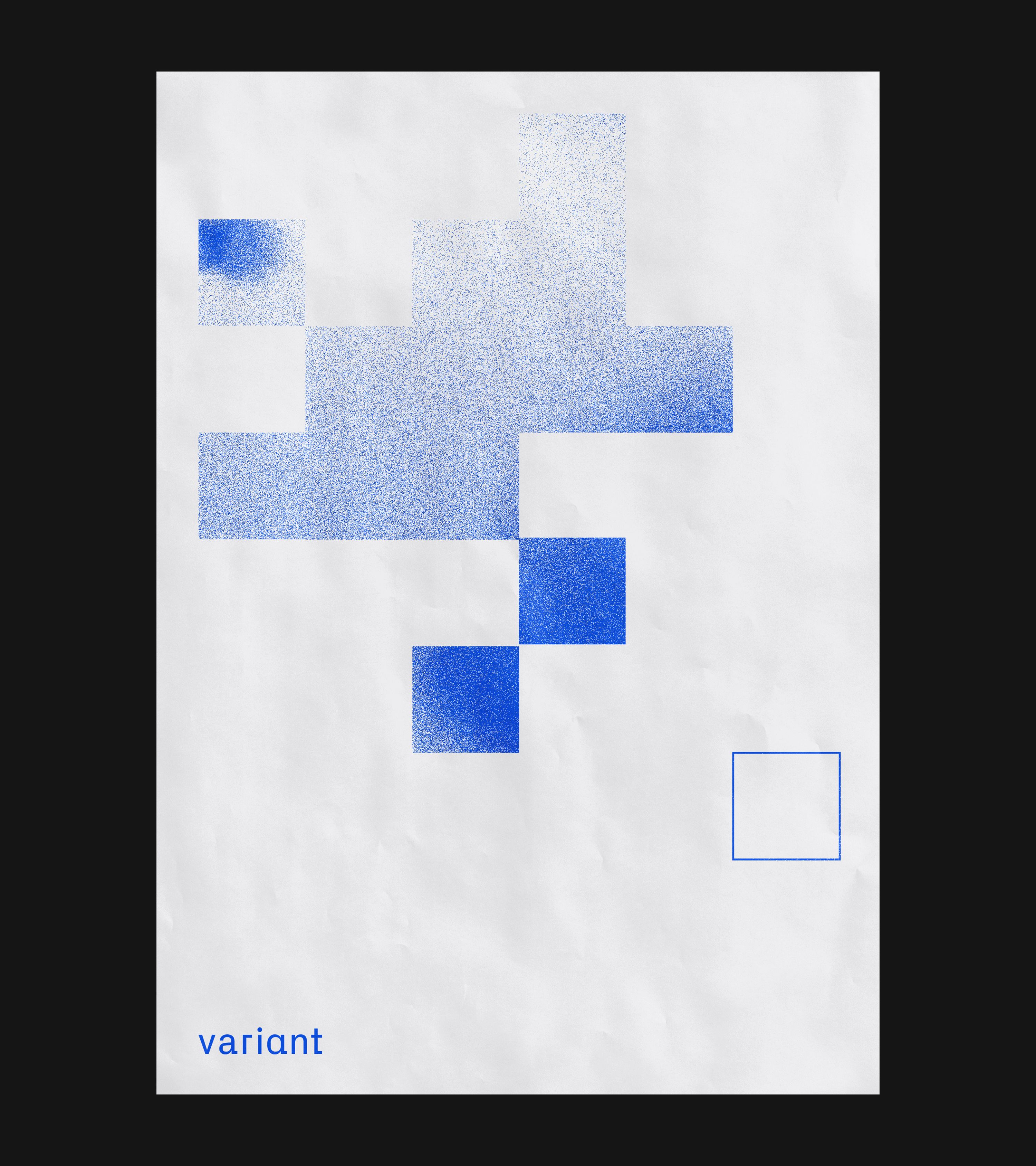 Variant brand poster: blue pixel-gradient cross form — solid to grain — small outlined square with wordmark below