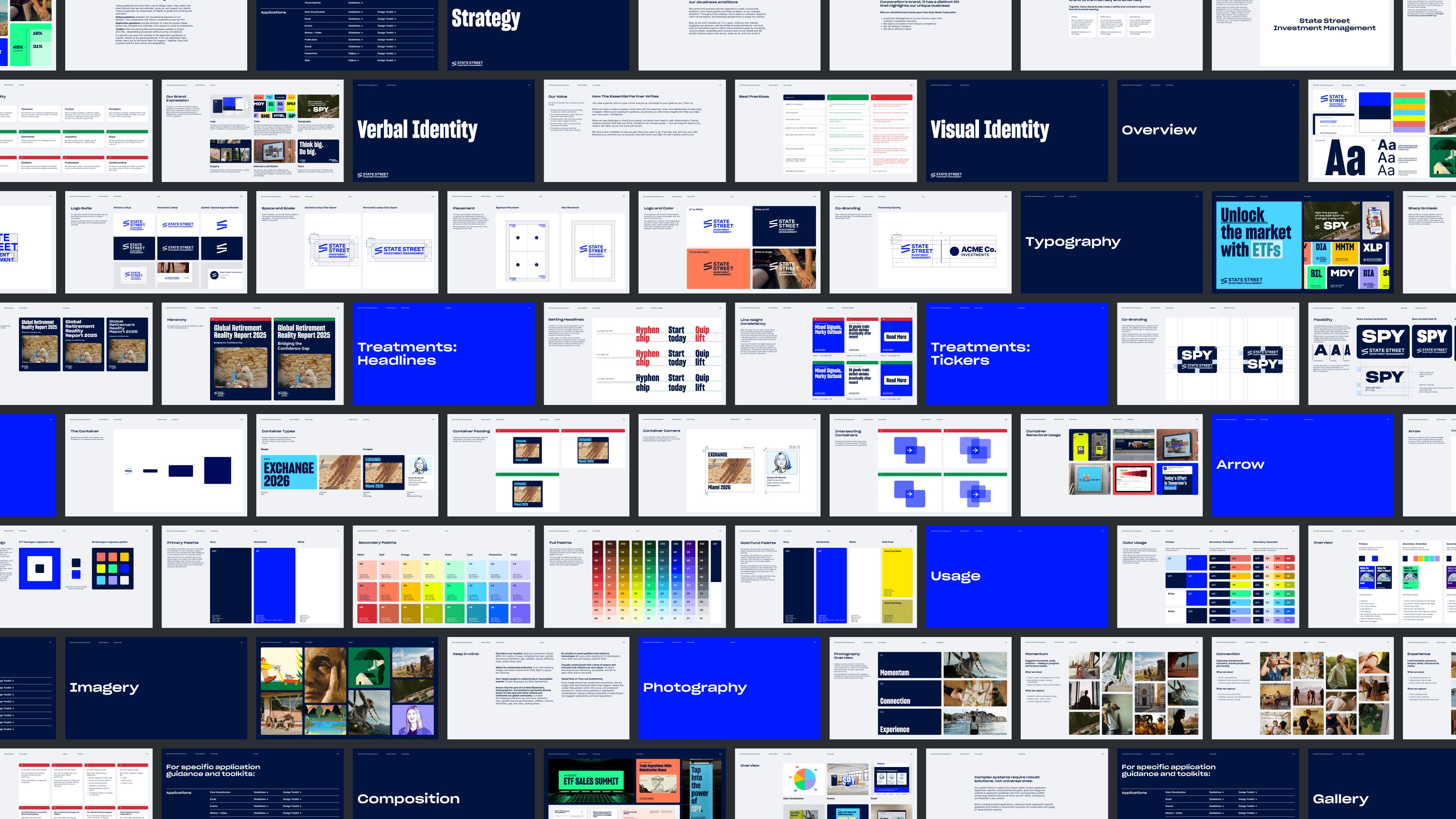 Grid of brand guidelines pages spanning strategy, verbal identity, visual identity, typography, color, and photography