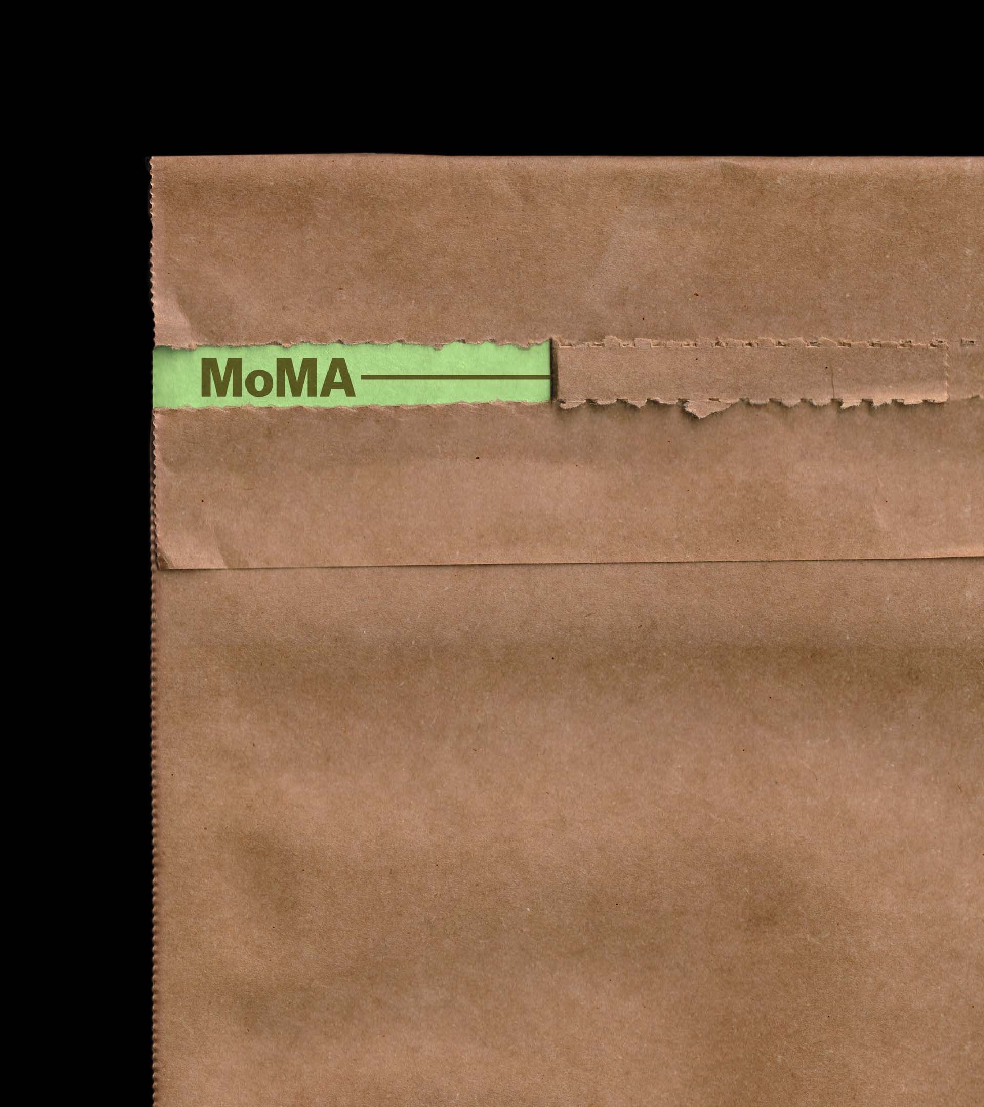 Kraft mailer envelope being torn open to reveal green branded 'MoMA' label strip inside