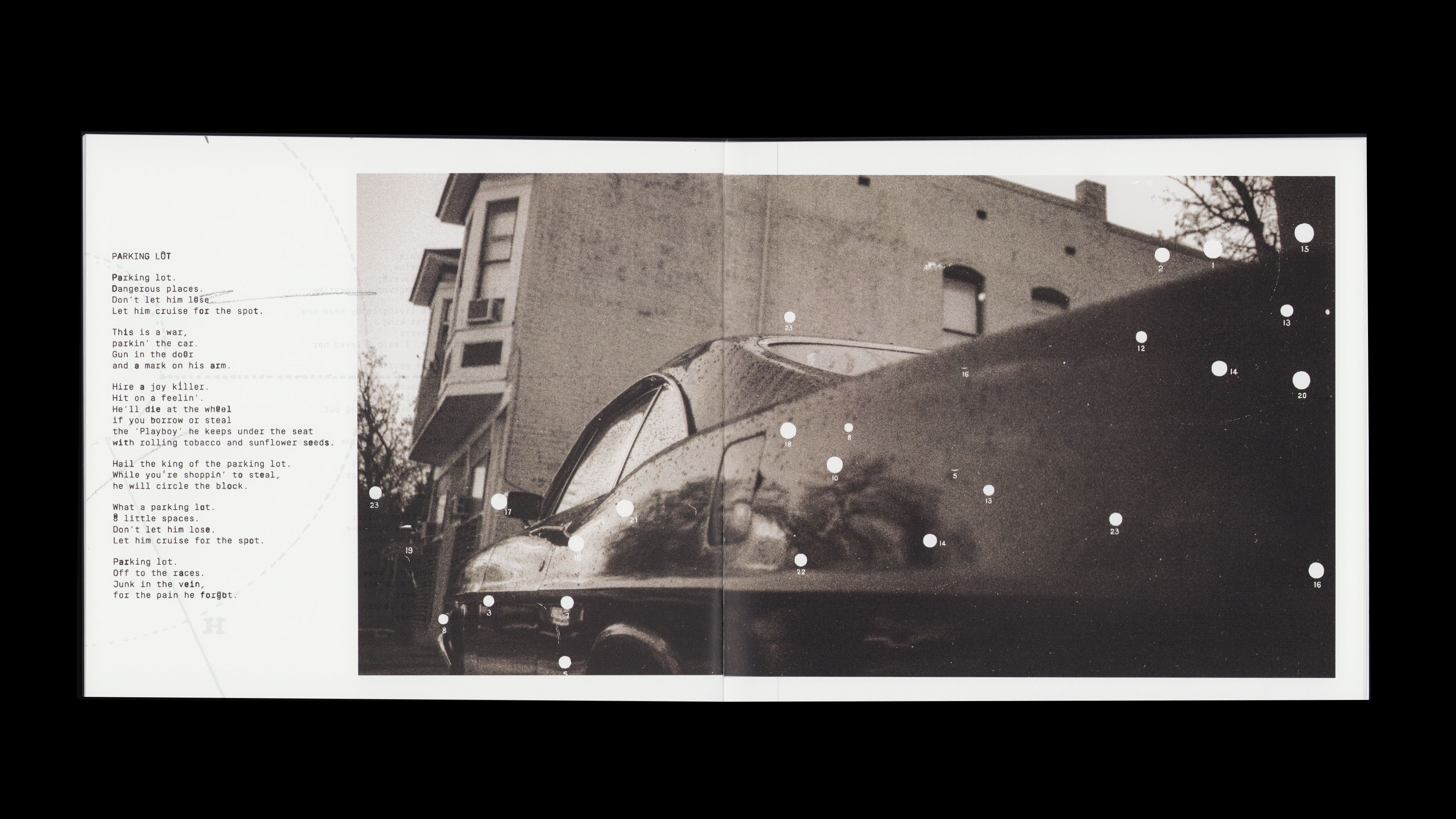 Youth Lagoon RDID booklet: 'Parking Lot' lyrics left, B&W car close-up with numbered dot overlays right
