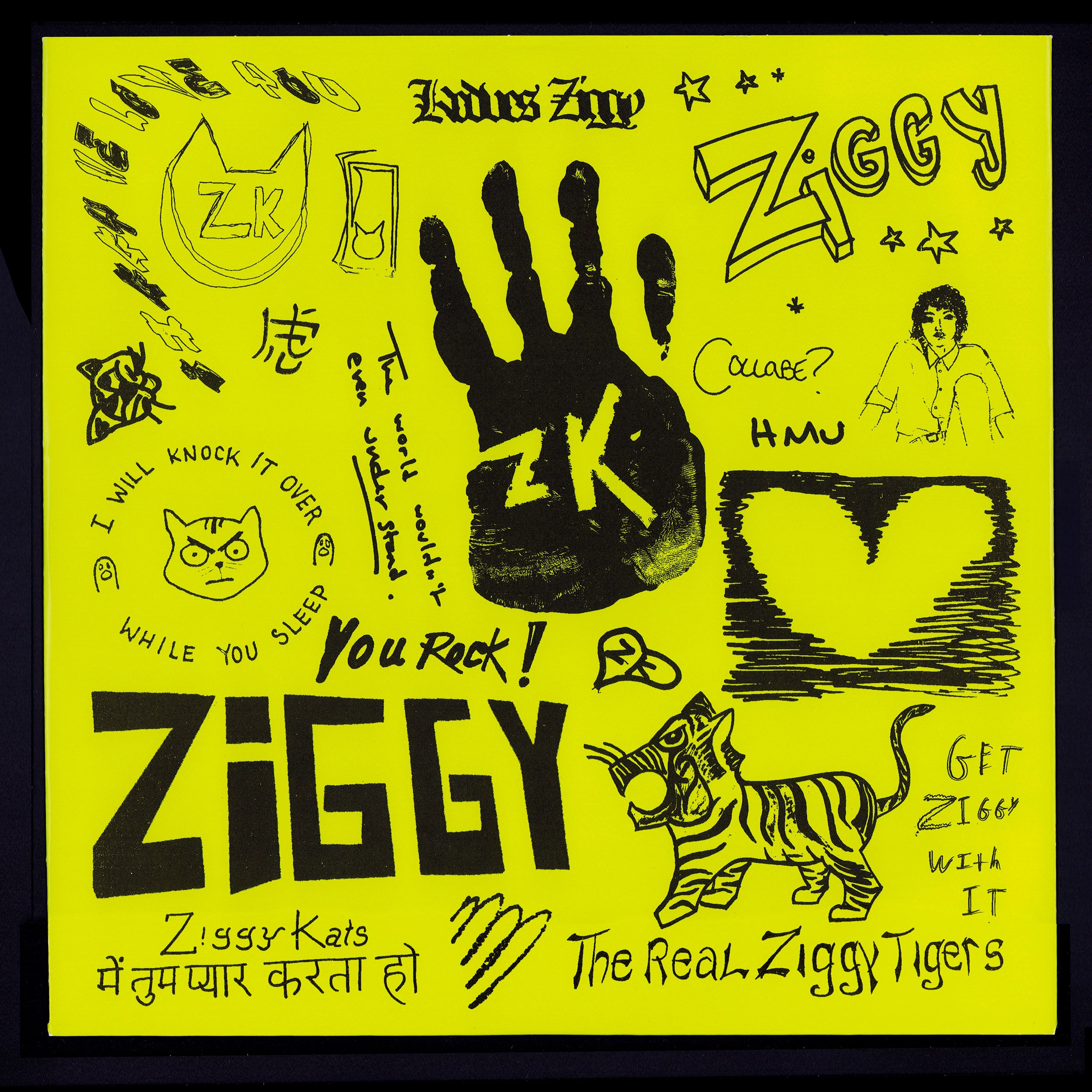 inner sleeve side B: fan sketches with black handprint "ZK", tiger, "The Real Ziggy Tigers," on neon yellow